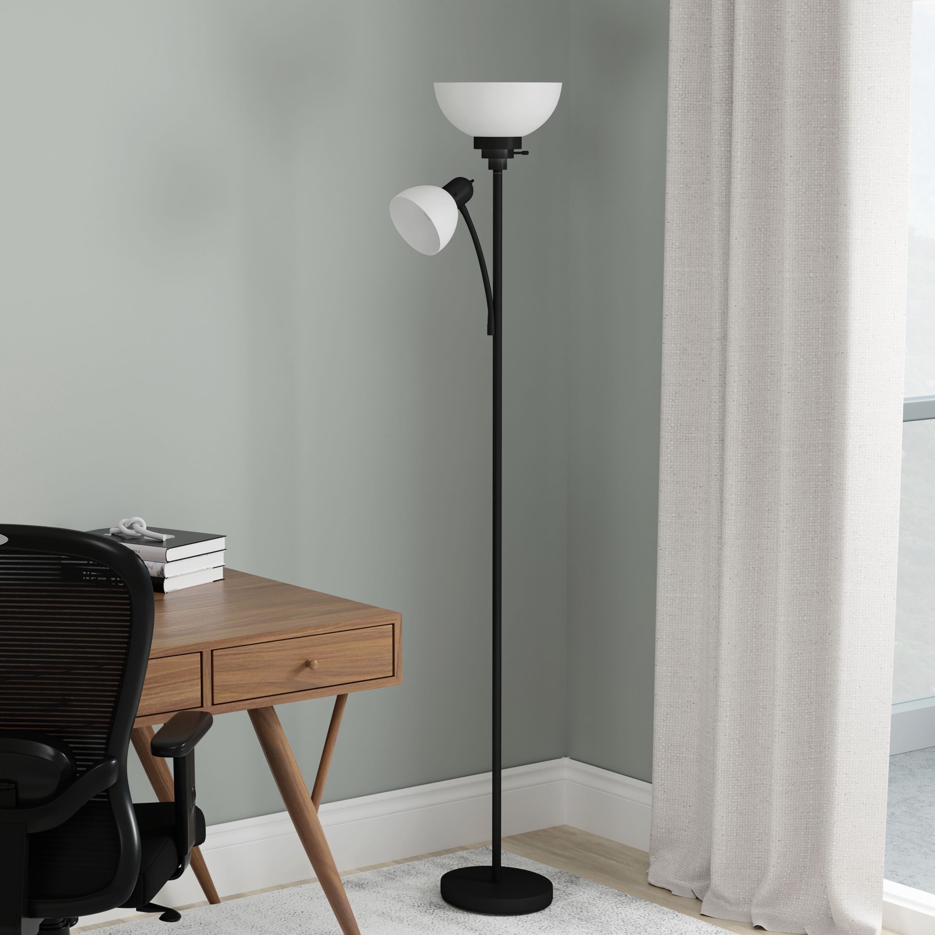 slide 5 of 6, Style Selections 71-in Matte Black Torchiere with side-light Floor Lamp with Plastic Shade, 1 ct