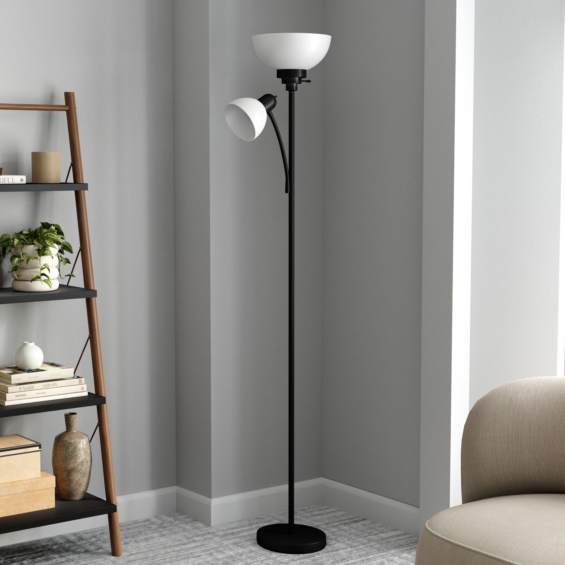 slide 1 of 6, Style Selections 71-in Matte Black Torchiere with side-light Floor Lamp with Plastic Shade, 1 ct