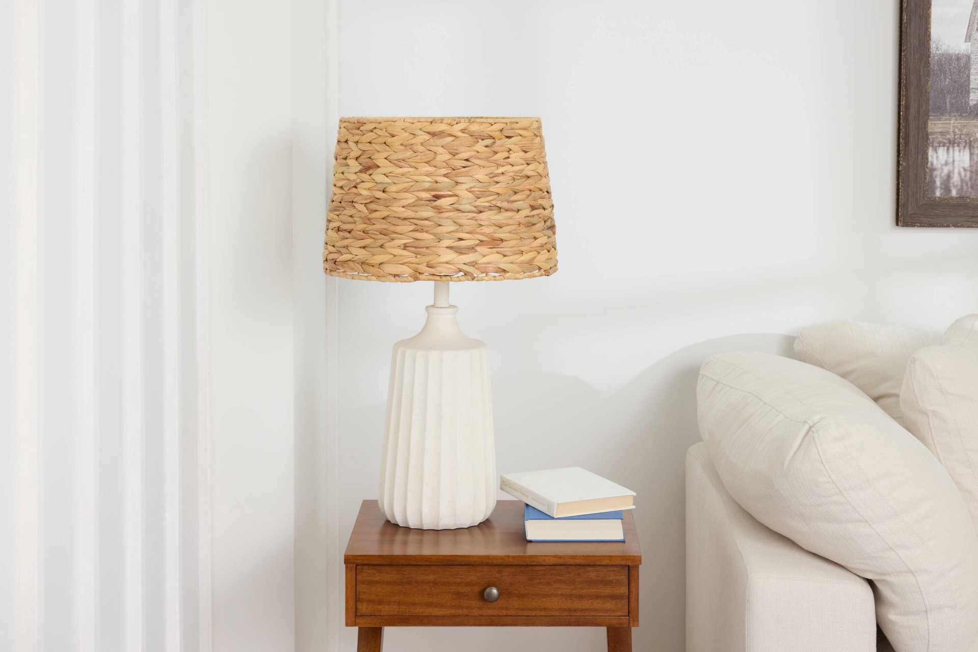 slide 2 of 6, allen + roth 10-in x 15-in Dark Hyacinth Seagrass Drum Lamp Shade, 1 ct