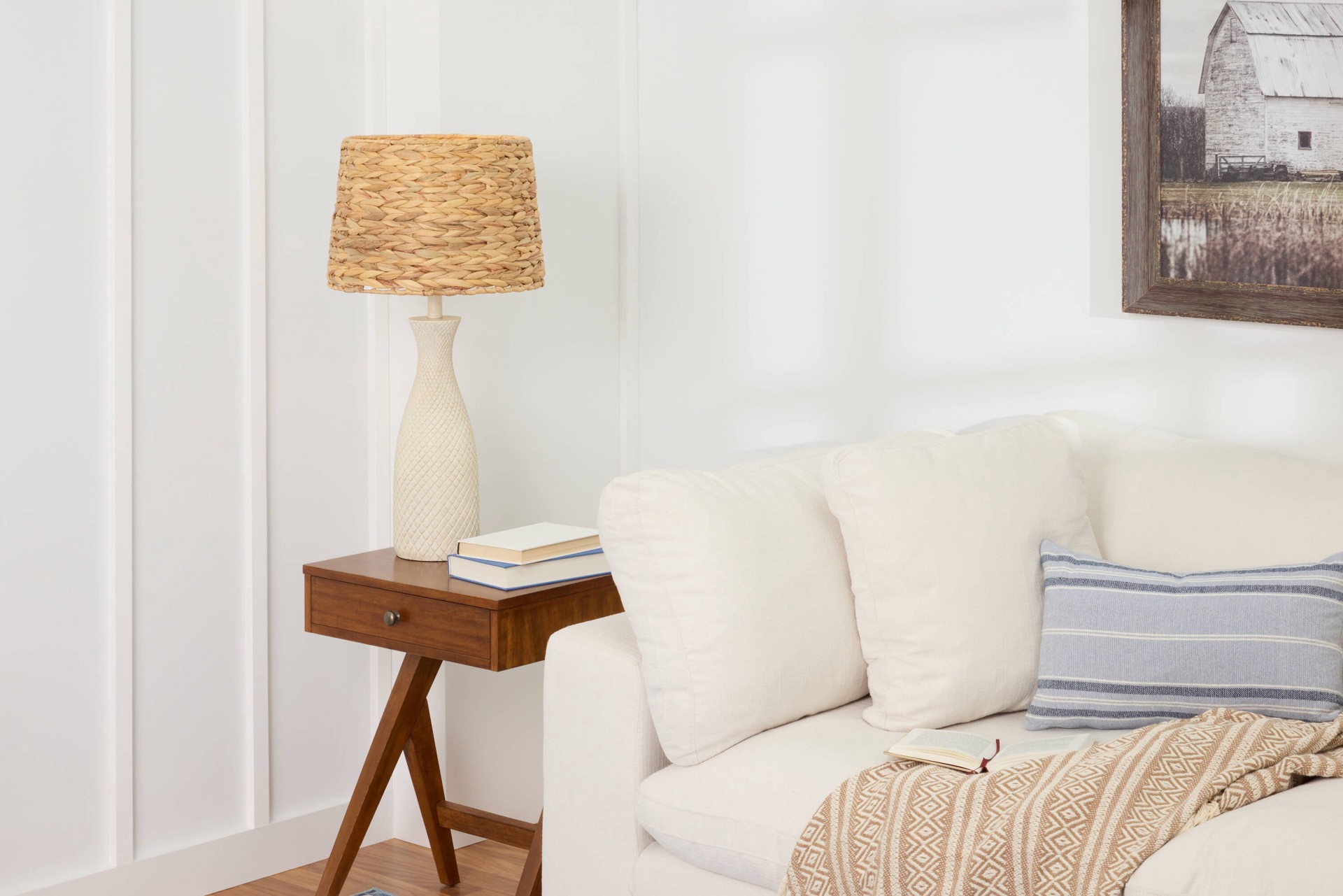 slide 3 of 6, allen + roth 10-in x 15-in Dark Hyacinth Seagrass Drum Lamp Shade, 1 ct