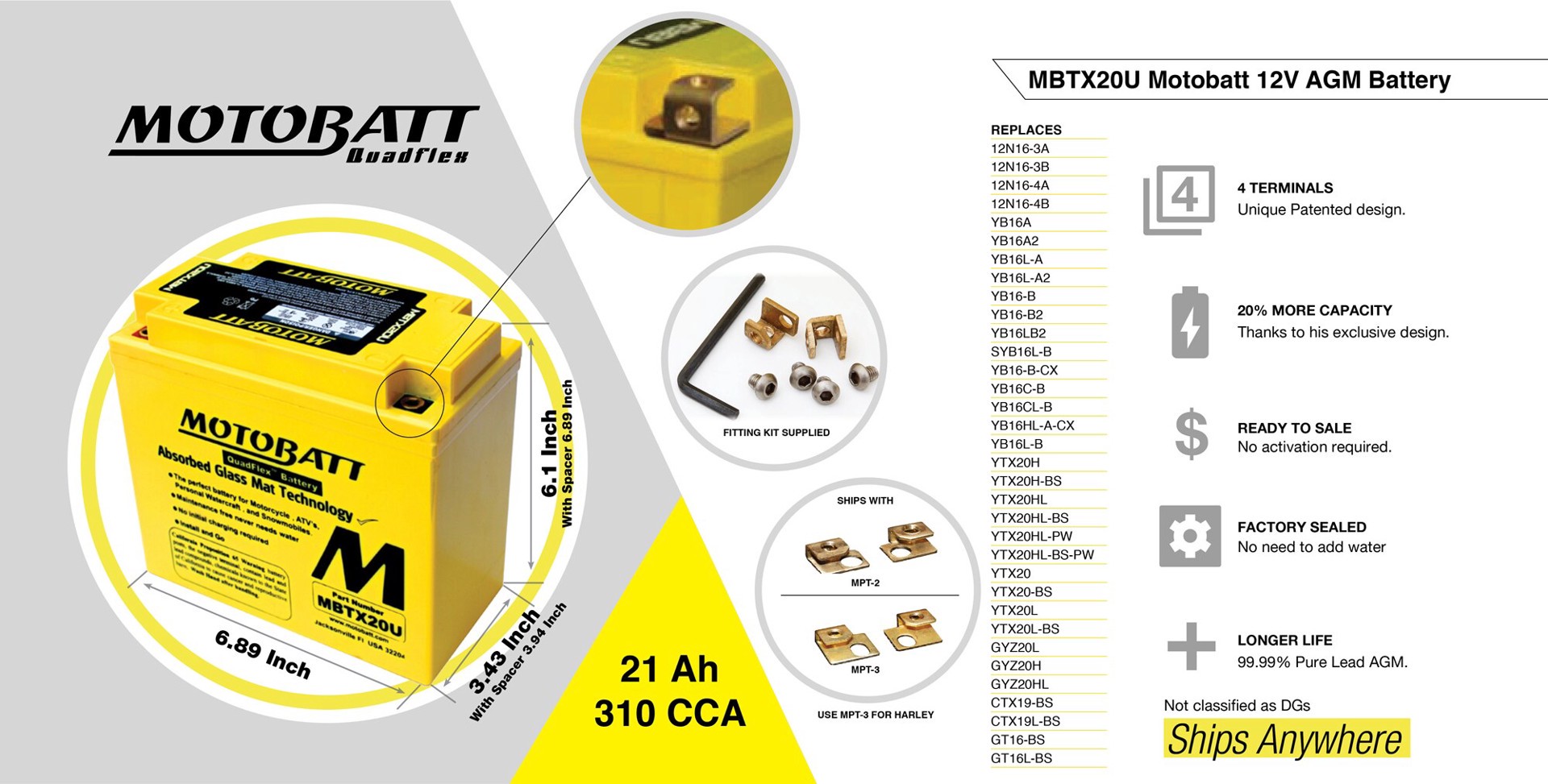 slide 3 of 3, MOTOBATT Powersport Quadflex AGM Rechargeable Sealed lead acid Backup power Batteries, 1 ct