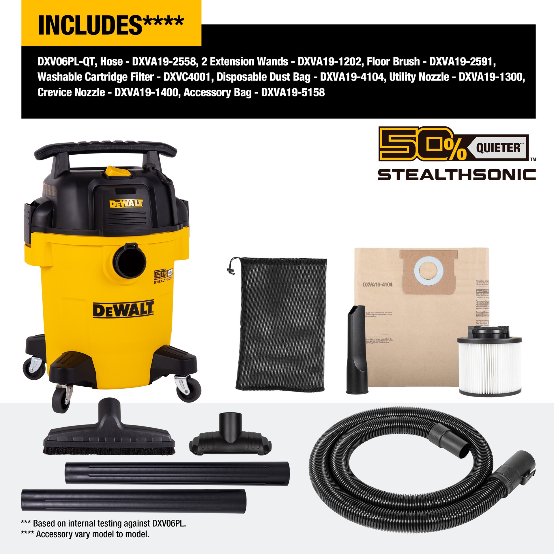 slide 6 of 6, DEWALT Stealthsonic Quiet 6-Gallon 4 HP Corded Wet/Dry Shop Vacuum with Accessories Included, 1 ct