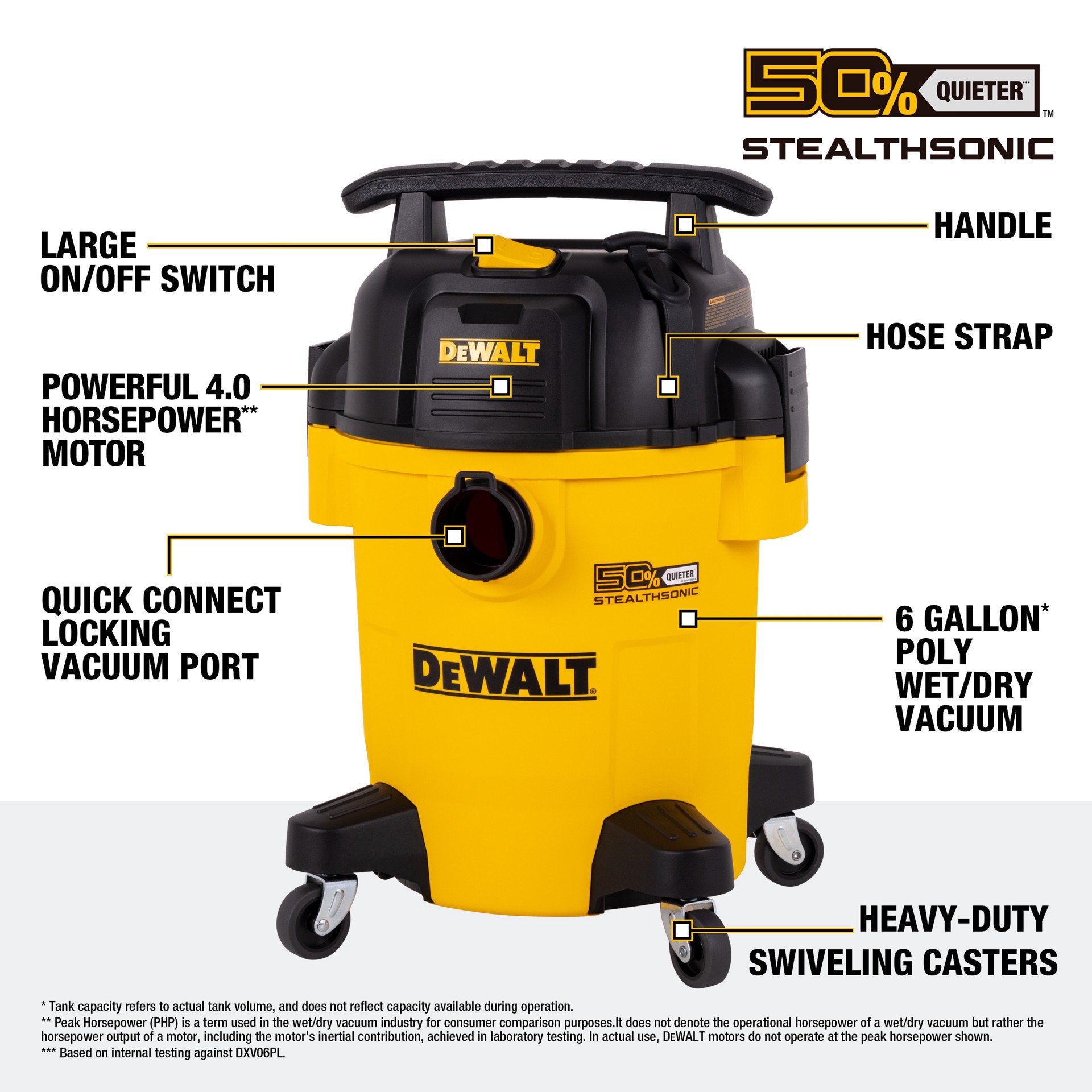 slide 5 of 6, DEWALT Stealthsonic Quiet 6-Gallon 4 HP Corded Wet/Dry Shop Vacuum with Accessories Included, 1 ct