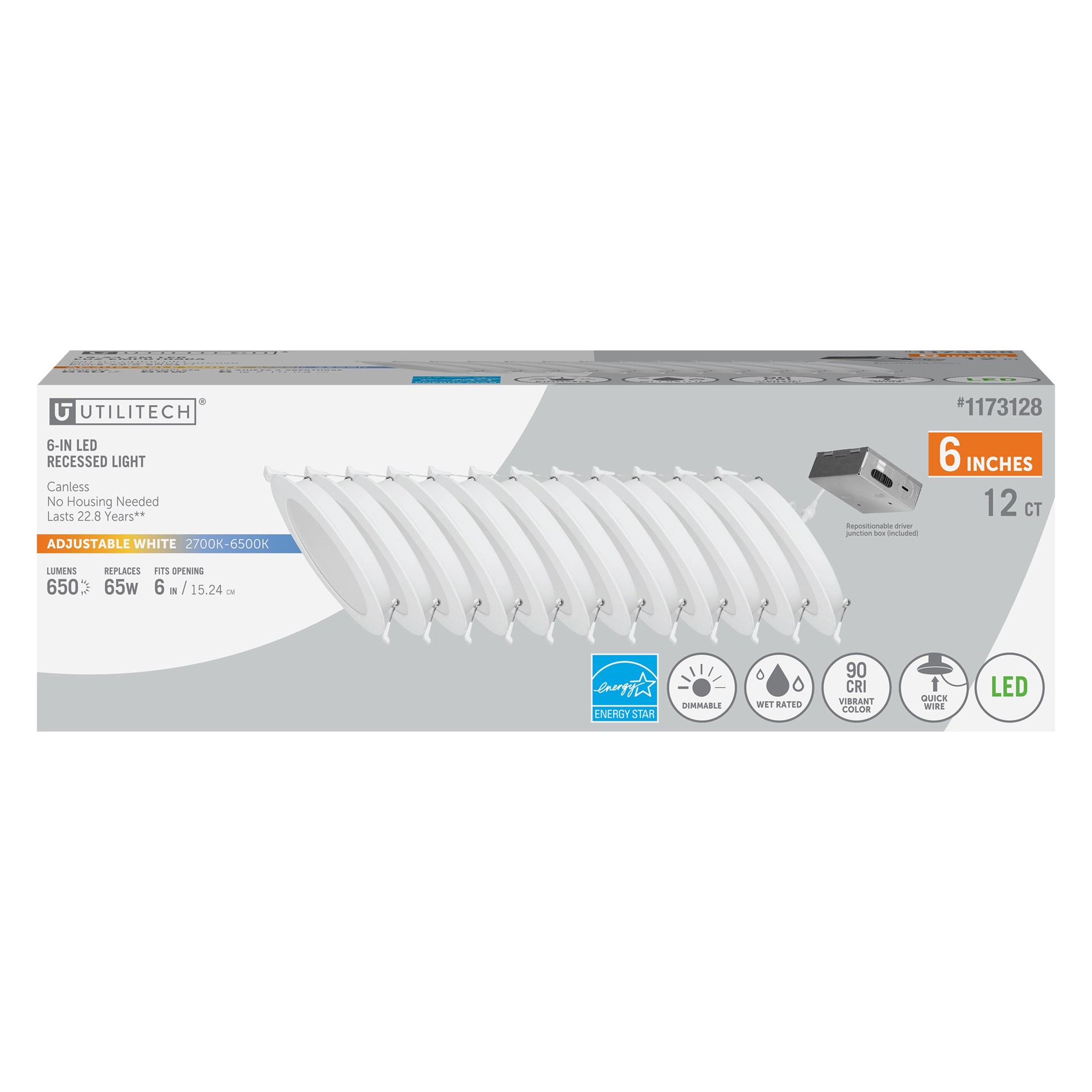 slide 1 of 6, Utilitech White 6-in 650 -Lumens Switchable white Round Dimmable LED Canless Wet rated Recessed Downlight 12 -Pack, 1 ct