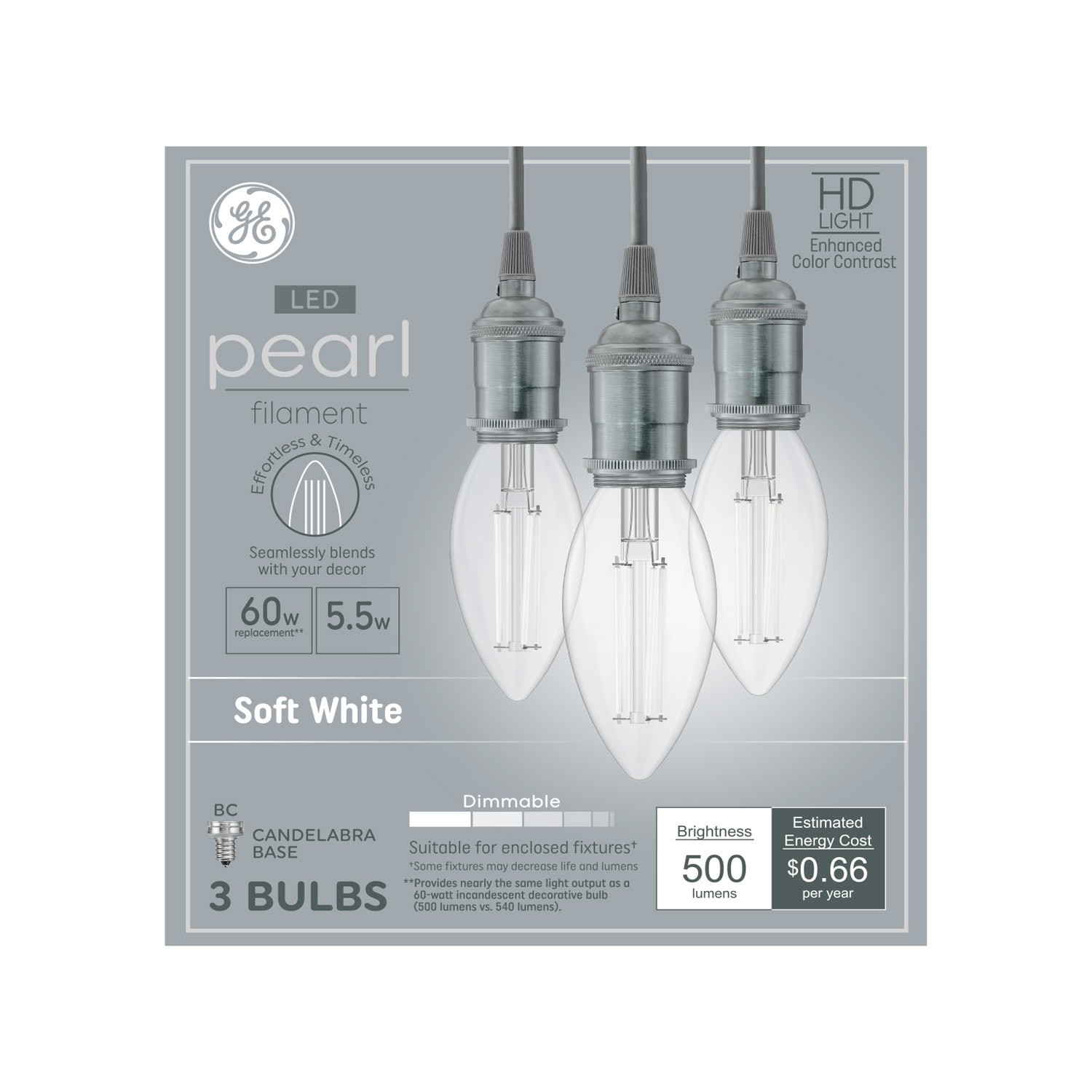 slide 4 of 6, GE Relax HD Pearl Filament 60 -Watt EQ BC Soft white Candelabra base (E-12) Dimmable LED Decorative Light Bulb 3 -Pack, 1 ct