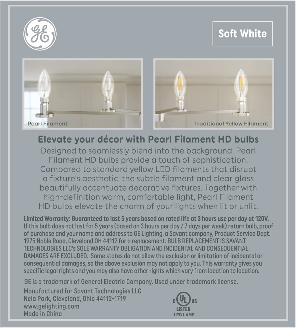 slide 5 of 6, GE Relax HD Pearl Filament 60 -Watt EQ BC Soft white Candelabra base (E-12) Dimmable LED Decorative Light Bulb 3 -Pack, 1 ct