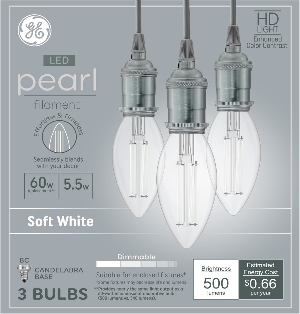 slide 1 of 6, GE Relax HD Pearl Filament 60 -Watt EQ BC Soft white Candelabra base (E-12) Dimmable LED Decorative Light Bulb 3 -Pack, 1 ct