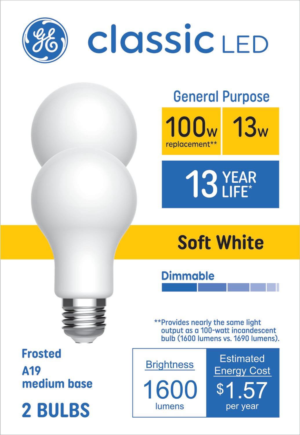 slide 1 of 6, GE Classic 100 -Watt EQ A19 Soft white Medium base (E-26) Dimmable LED General purpose Light Bulb 2 -Pack, 1 ct
