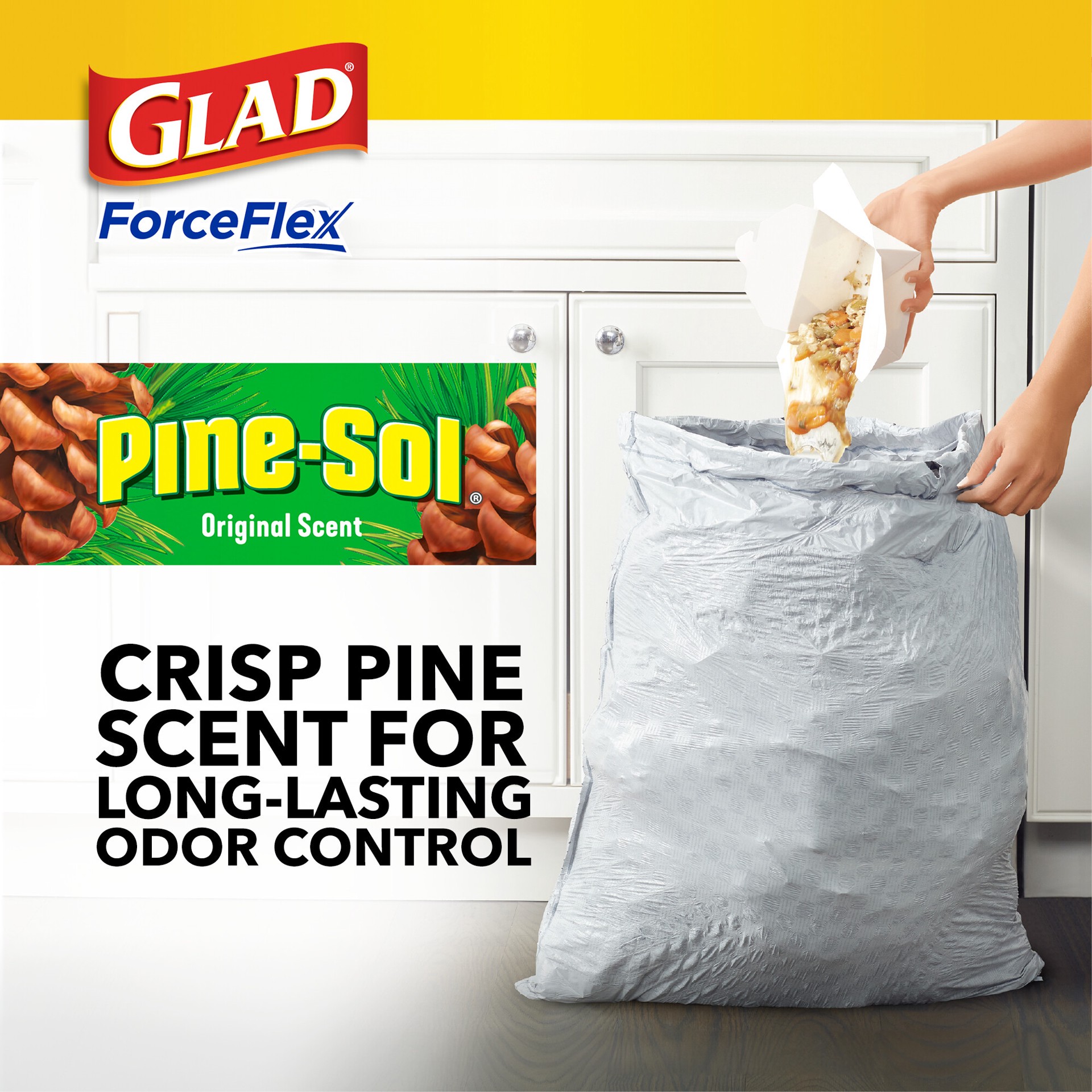 slide 5 of 6, Glad 13-Gallon Original Pine Sol White Indoor Plastic Kitchen Drawstring Trash Bag 50 -Count, 1 ct