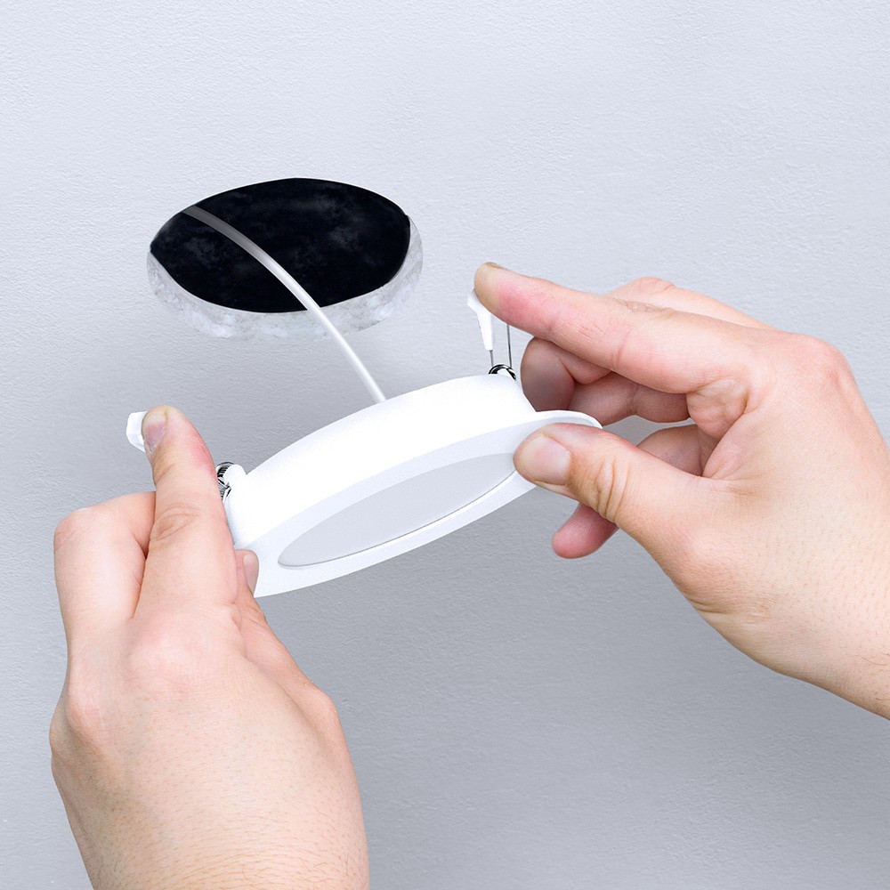 slide 5 of 6, Utilitech White 4-in 450 -Lumens Switchable white Round Dimmable LED Canless Wet rated Recessed Downlight, 1 ct