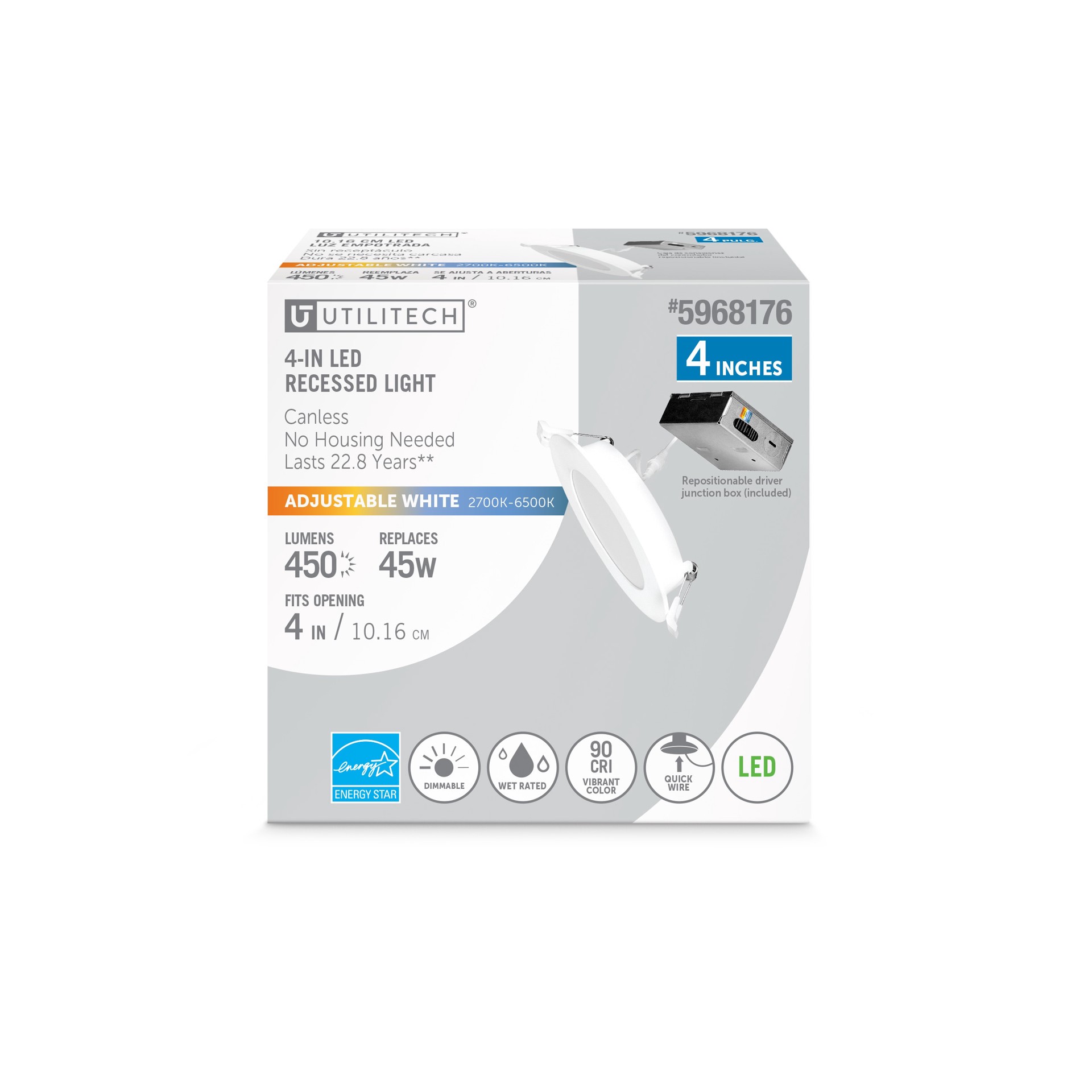 slide 1 of 6, Utilitech White 4-in 450 -Lumens Switchable white Round Dimmable LED Canless Wet rated Recessed Downlight, 1 ct