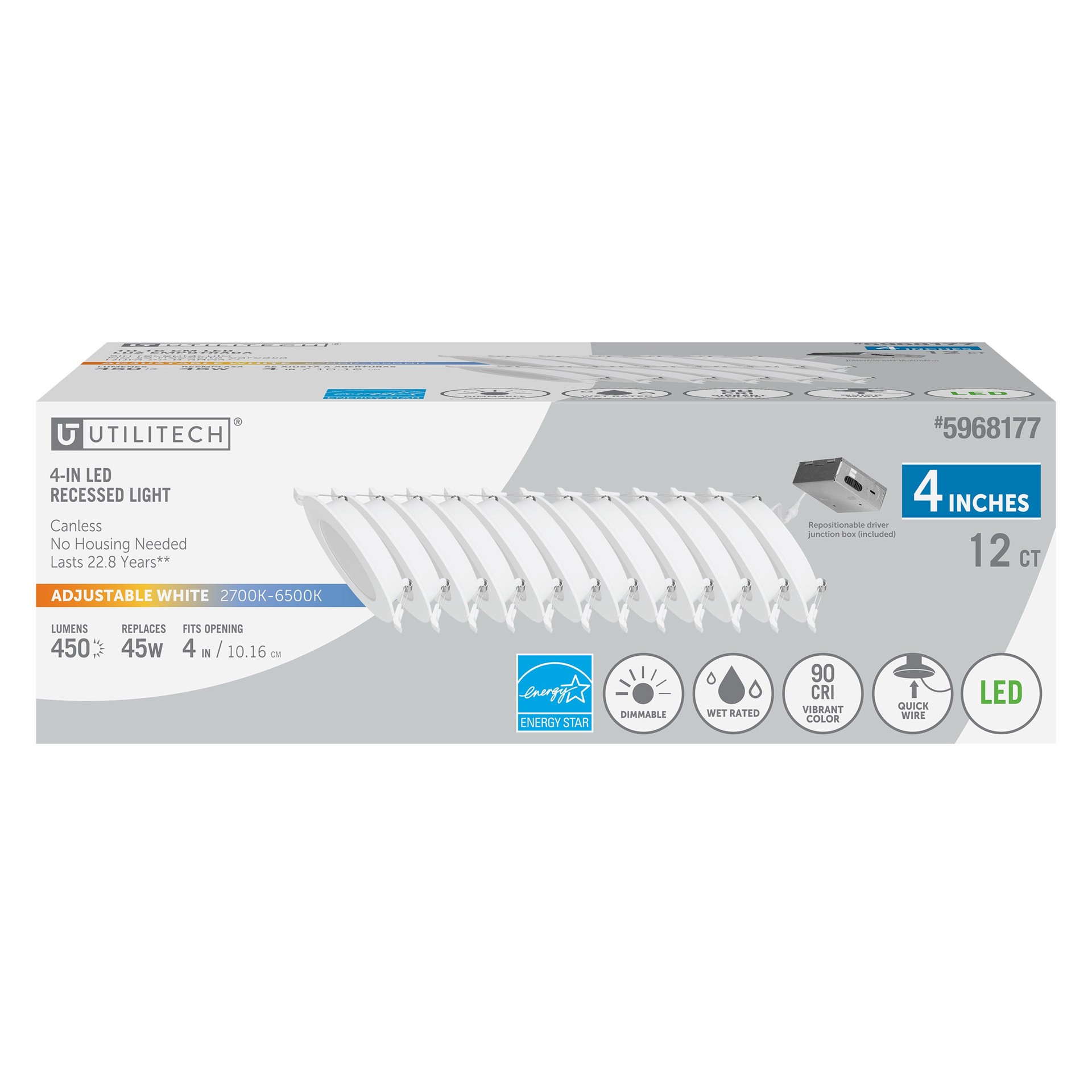 slide 1 of 6, Utilitech White 4-in 450 -Lumens Switchable white Round Dimmable LED Canless Wet rated Recessed Downlight 12 -Pack, 1 ct