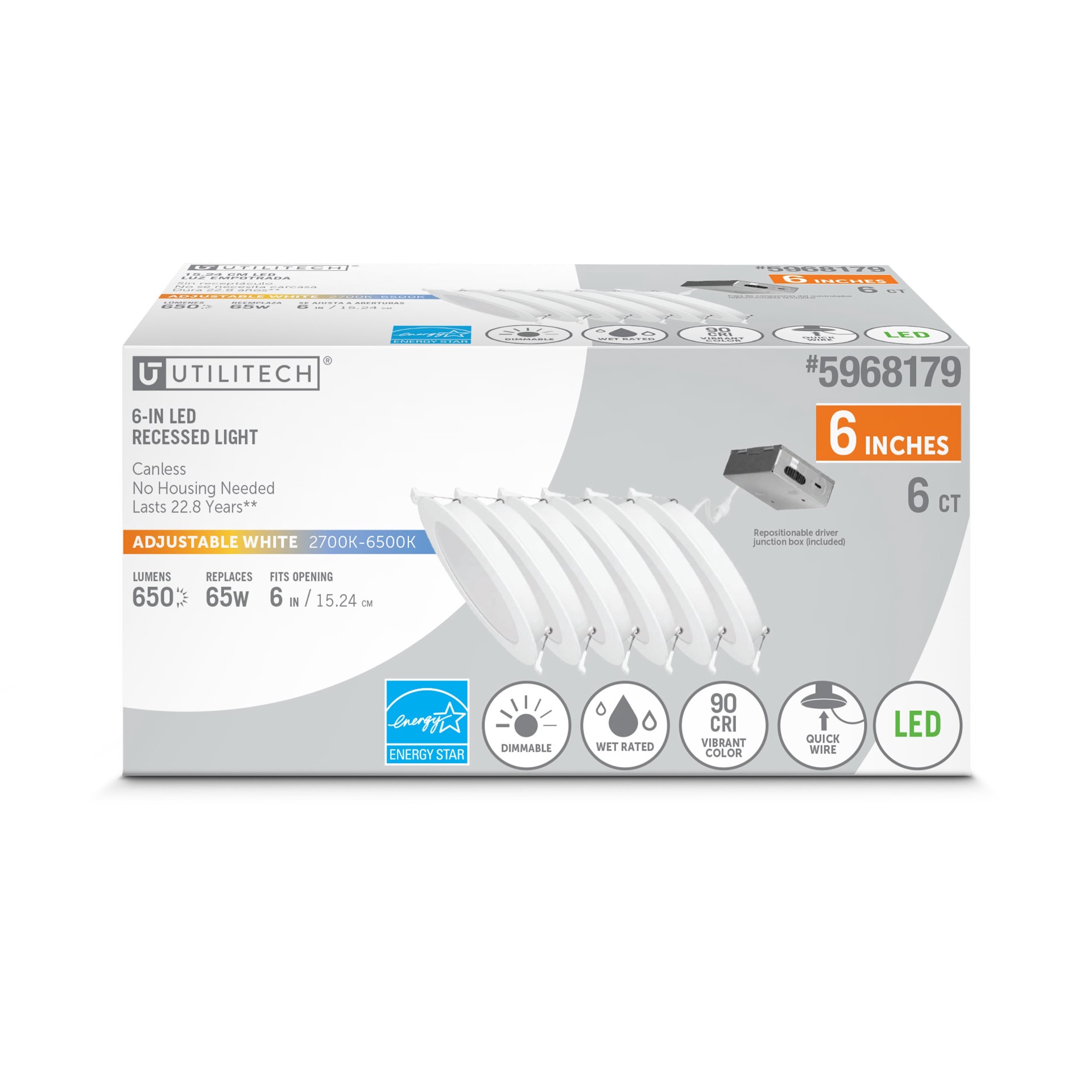 slide 1 of 6, Utilitech White 6-in 650 -Lumens Switchable white Round LED Canless Wet rated Recessed Downlight 6 -Pack, 1 ct