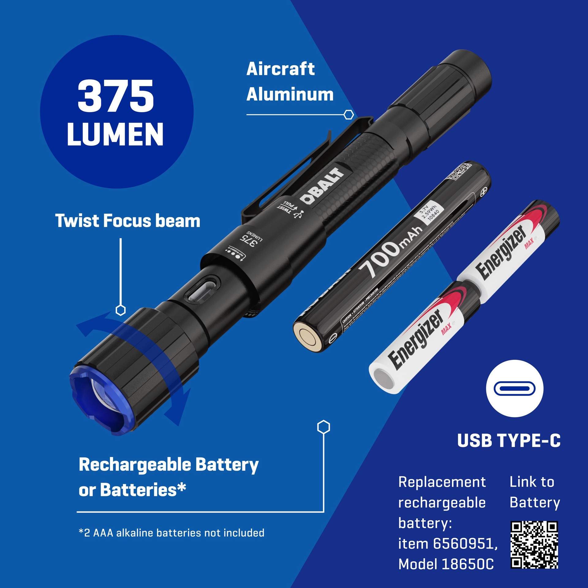 slide 2 of 6, Kobalt 375-Lumen 4 -Adjustable Mode LED Rechargeable Flashlight, 1 ct
