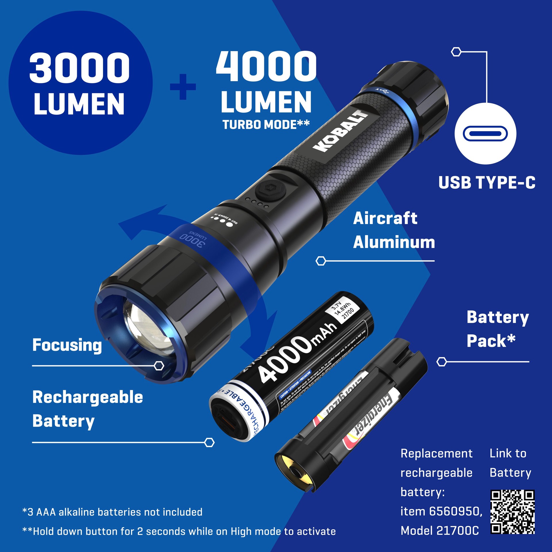 slide 2 of 6, Kobalt 3000-Lumen 5 -Adjustable Mode LED Rechargeable Flashlight, 1 ct