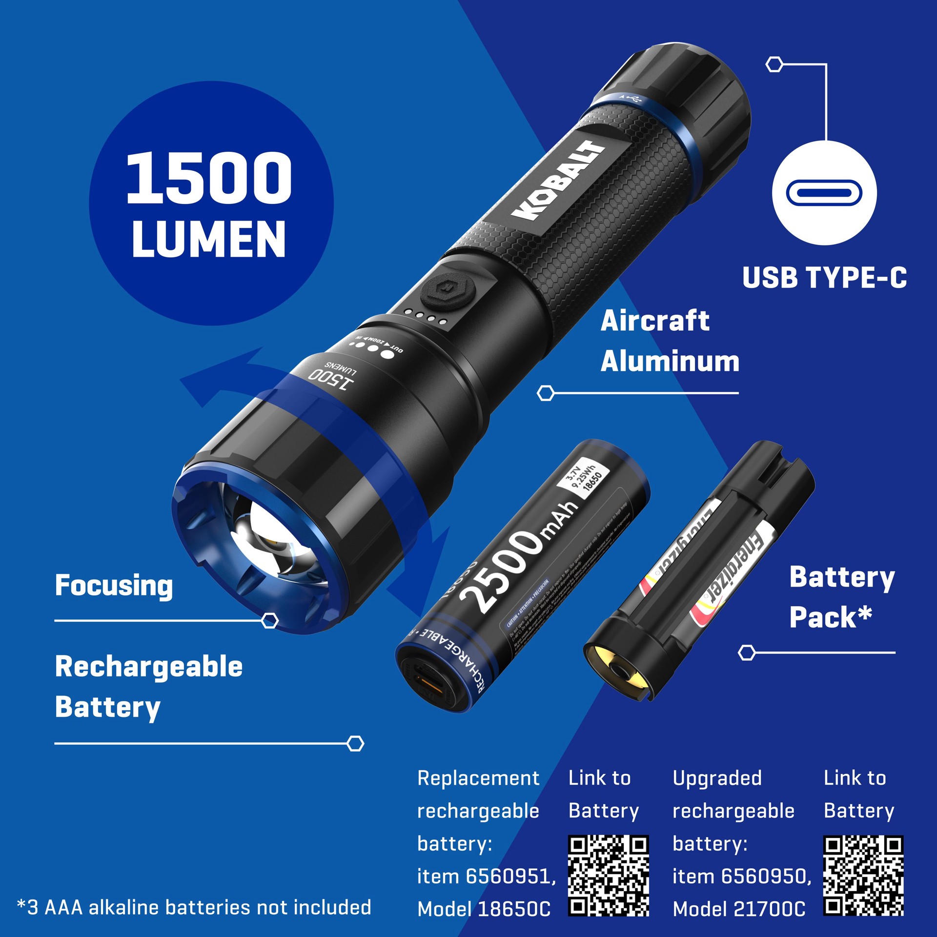 slide 2 of 6, Kobalt 1500-Lumen 4 -Adjustable Mode LED Rechargeable Flashlight, 1 ct