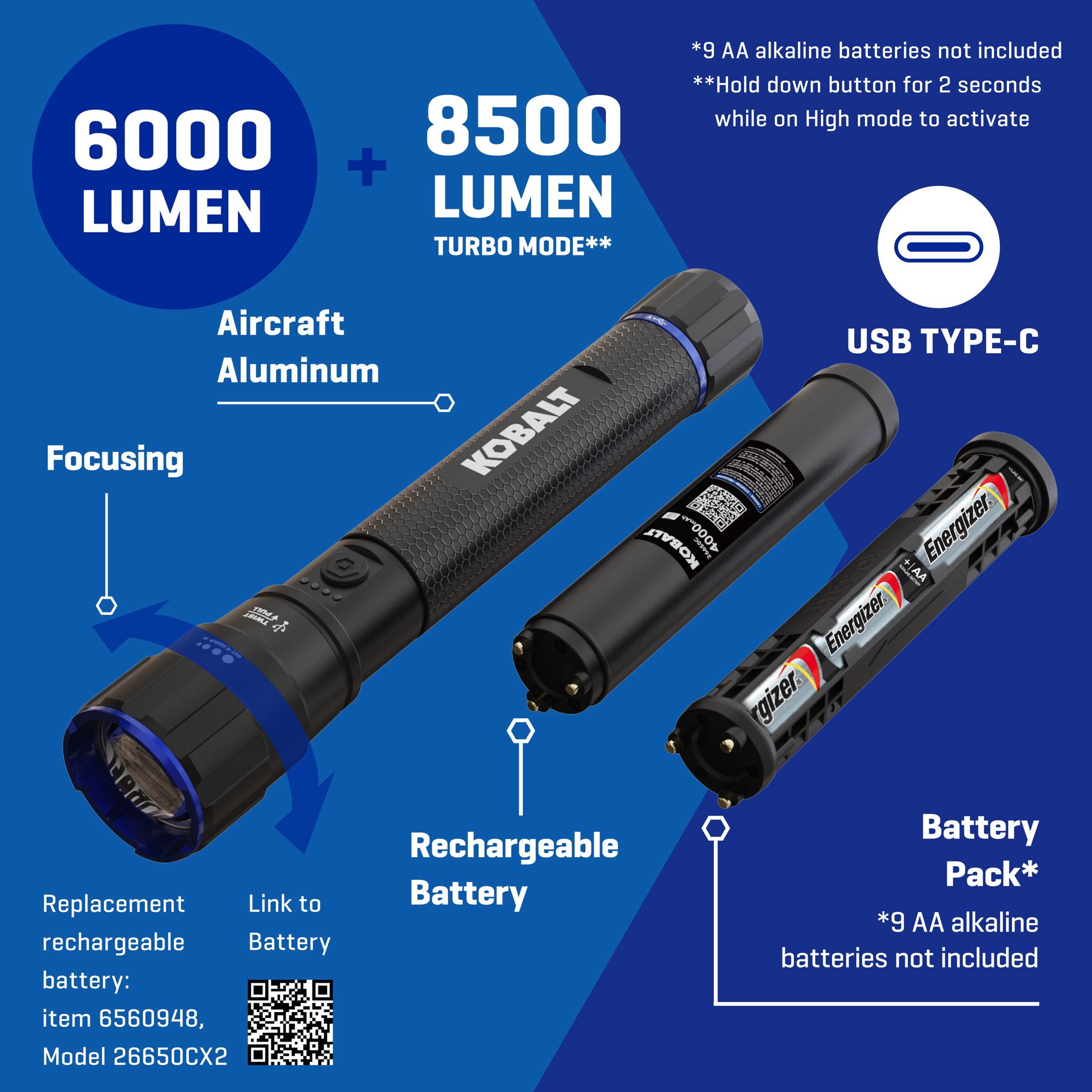 slide 2 of 6, Kobalt 6000-Lumen 5 -Adjustable Mode LED Rechargeable Flashlight, 1 ct
