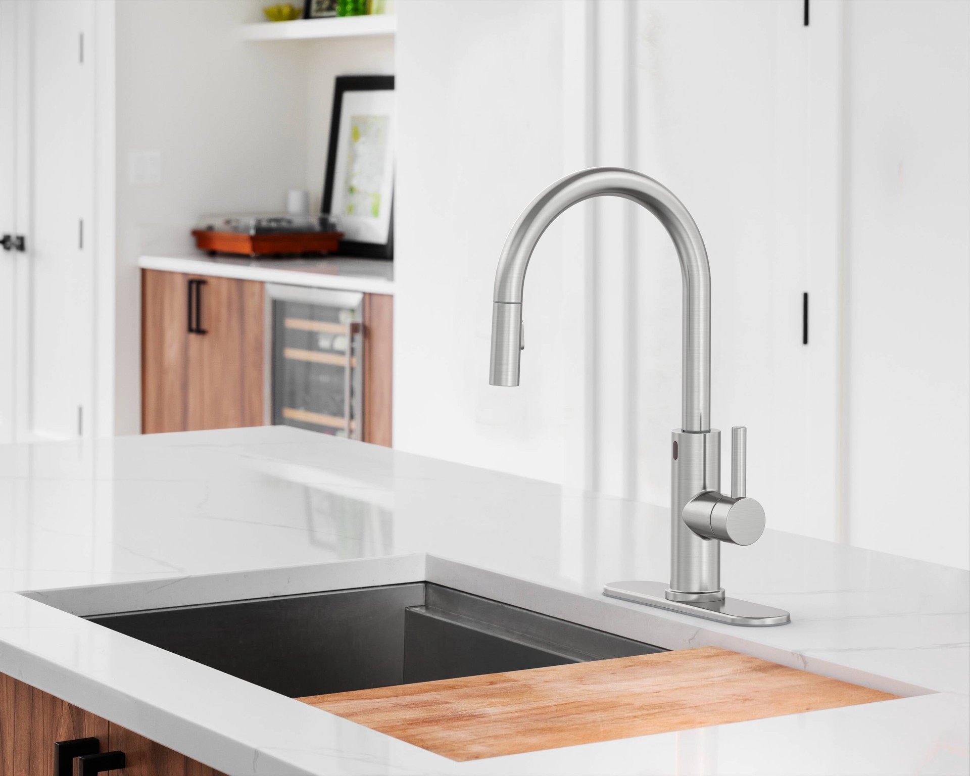 slide 6 of 6, allen + roth Harlow Spot Free Stainless Steel Single Handle Deck-mount Touchless Pull-down Kitchen Faucet with Sprayer (Includes Deck Plate), 1 ct