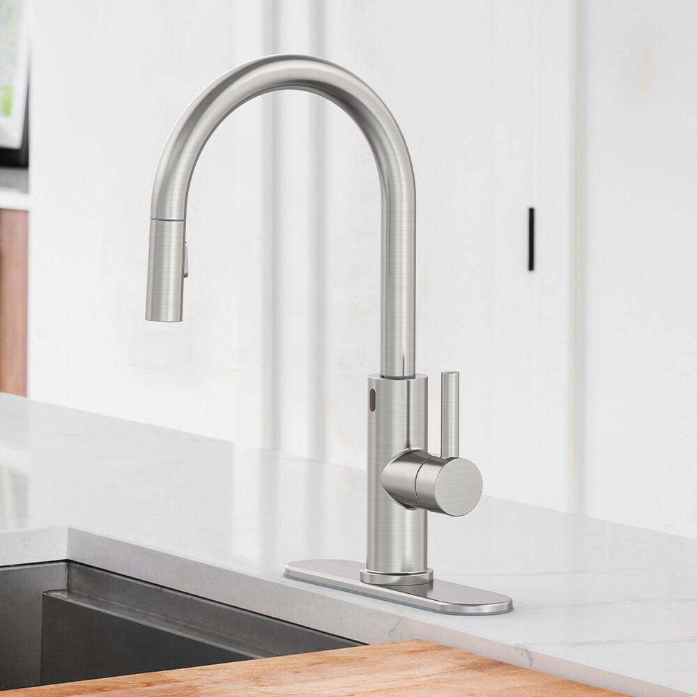 slide 1 of 6, allen + roth Harlow Spot Free Stainless Steel Single Handle Deck-mount Touchless Pull-down Kitchen Faucet with Sprayer (Includes Deck Plate), 1 ct