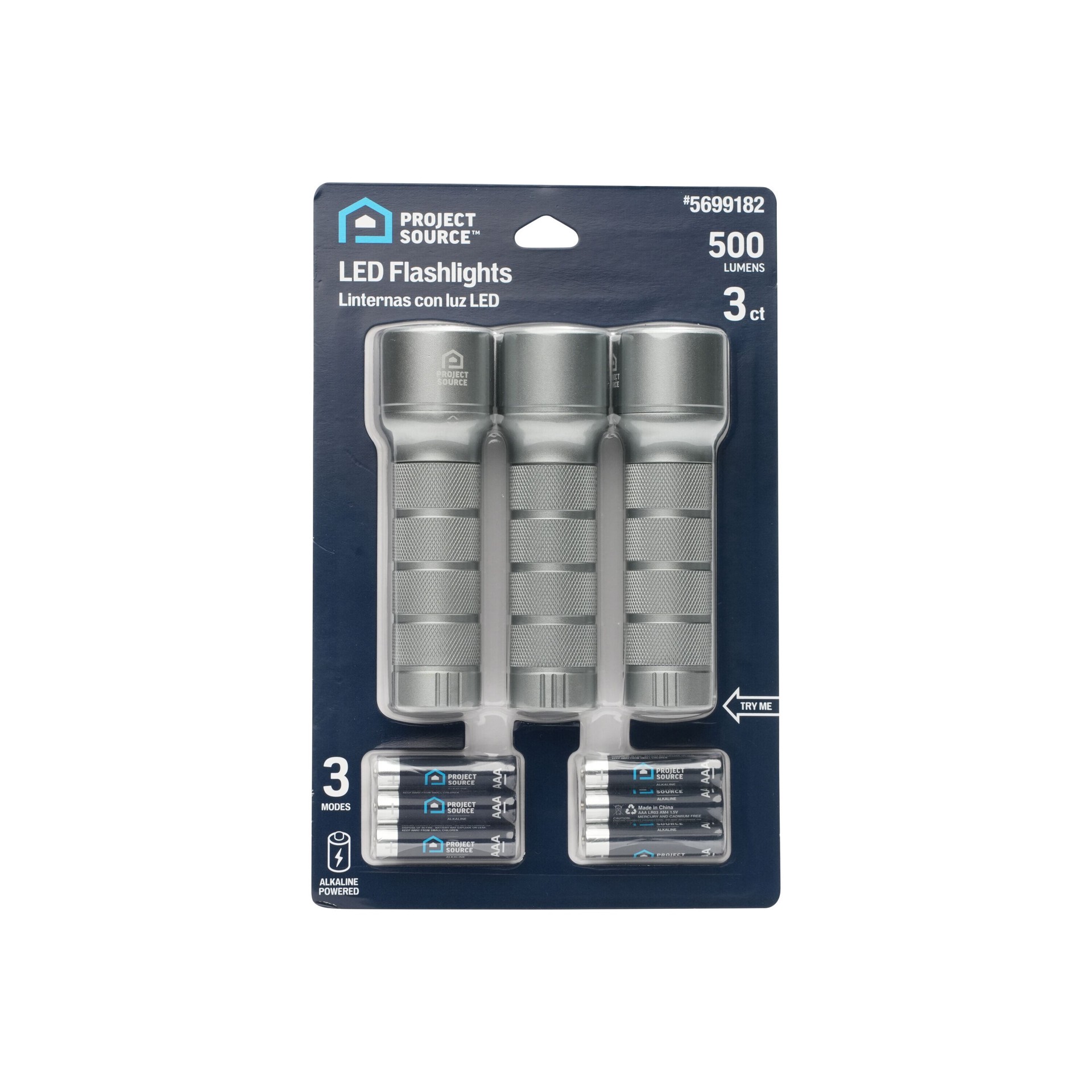 slide 2 of 6, Project Source 500-Lumen 3 -Adjustable Mode LED Flashlight 3 -Pack, 1 ct