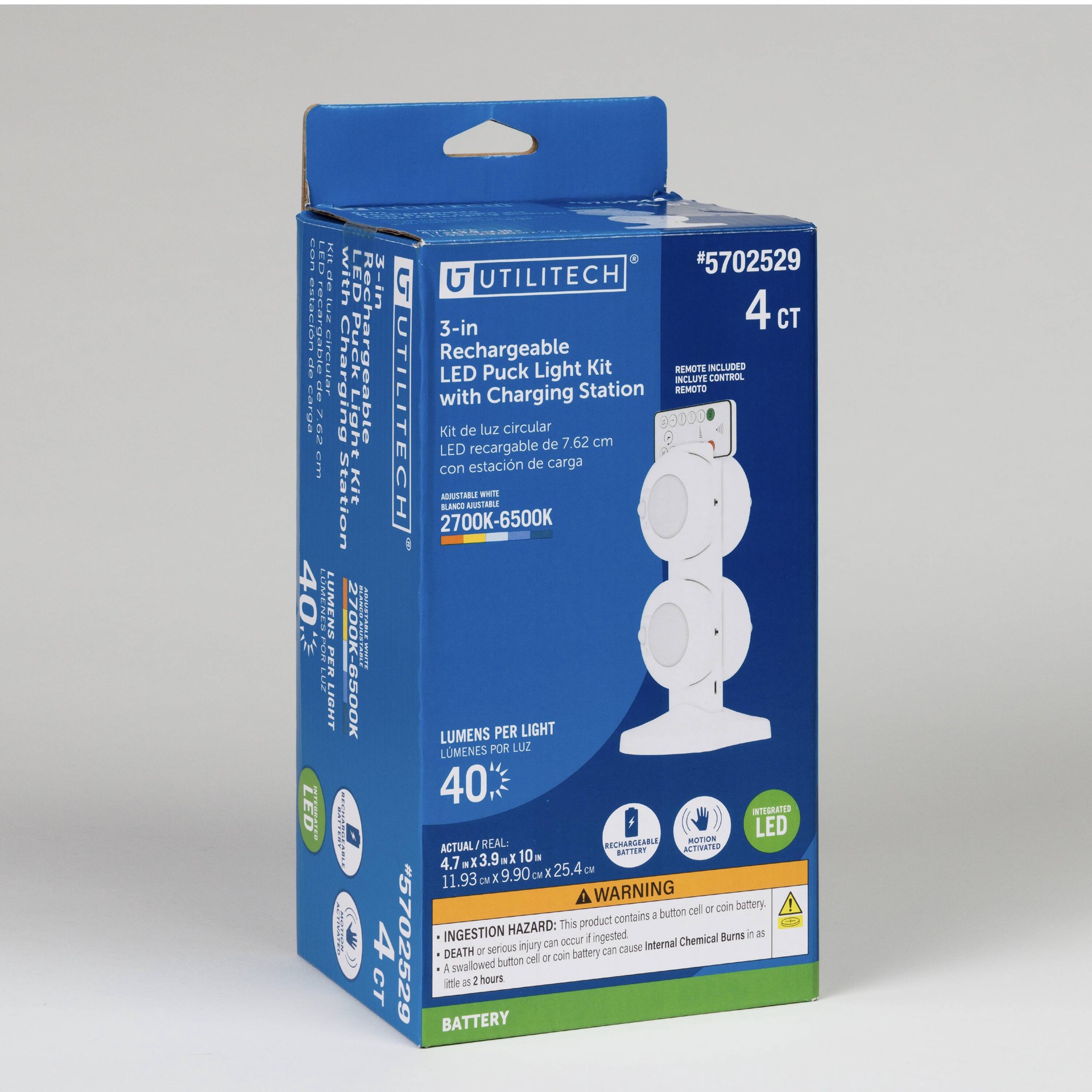 slide 3 of 6, Utilitech 4 -Pack 3-in Rechargeable USB plug-in LED Under Cabinet Puck Light Motion Sensing Light with Remote, 1 ct