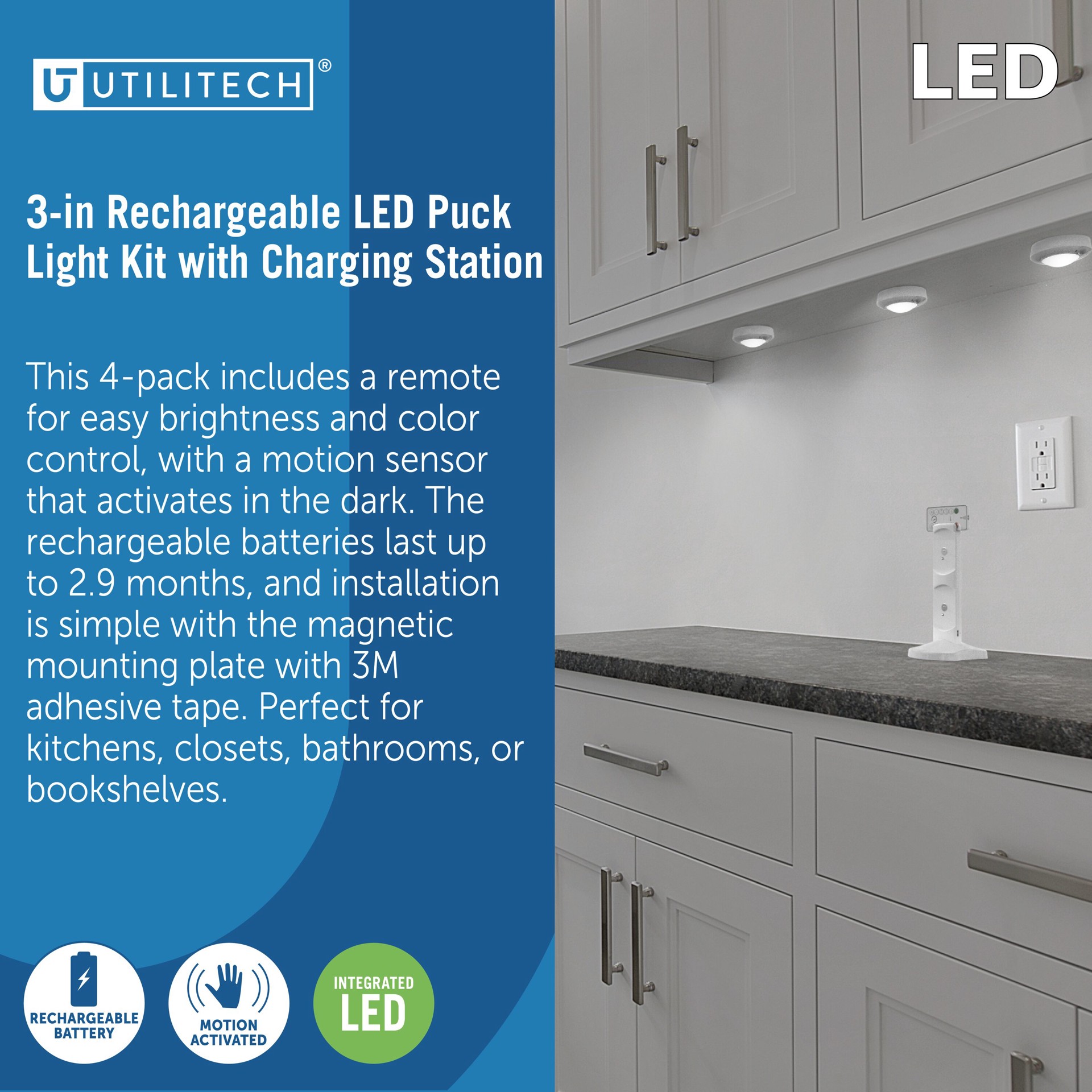 slide 4 of 6, Utilitech 4 -Pack 3-in Rechargeable USB plug-in LED Under Cabinet Puck Light Motion Sensing Light with Remote, 1 ct
