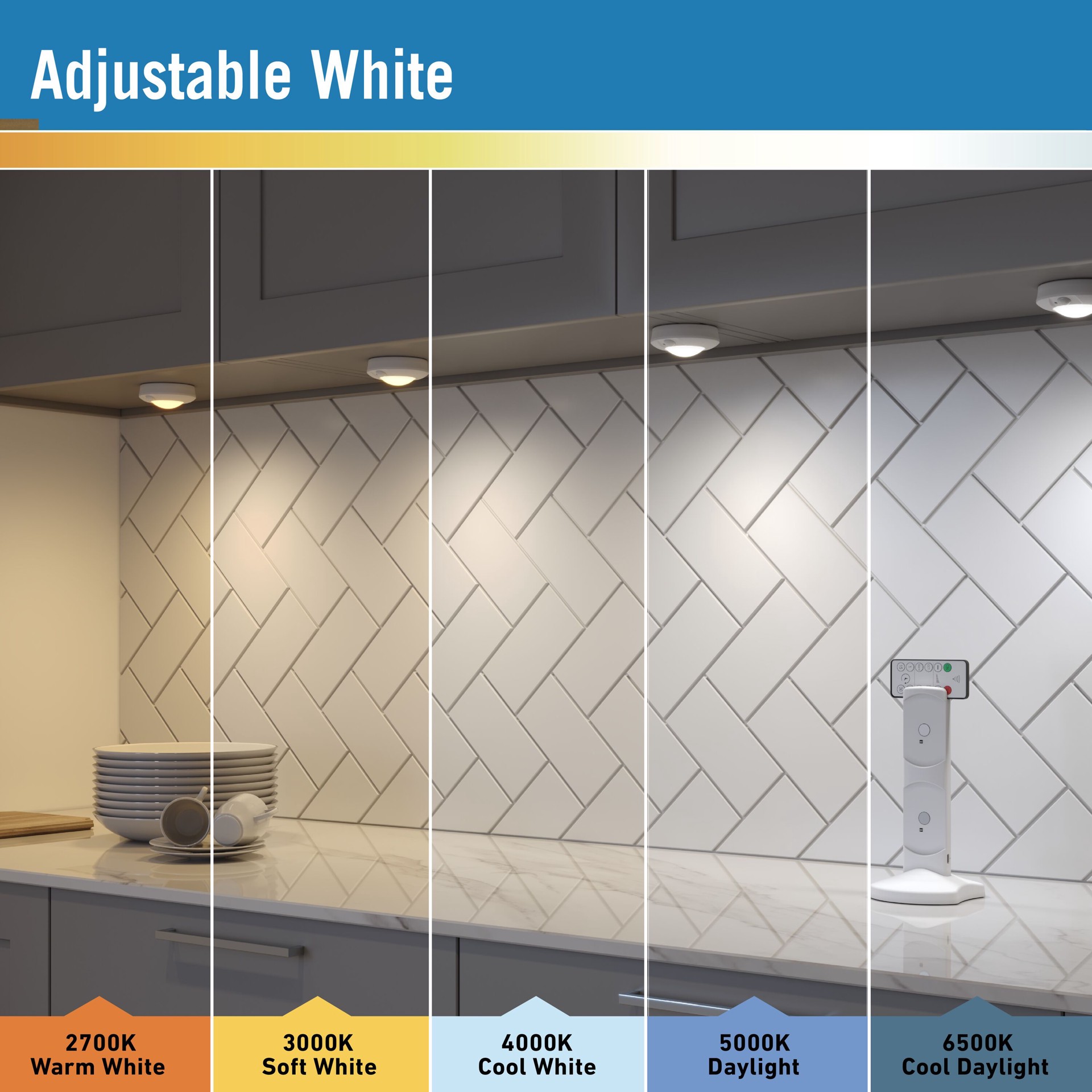 slide 5 of 6, Utilitech 4 -Pack 3-in Rechargeable USB plug-in LED Under Cabinet Puck Light Motion Sensing Light with Remote, 1 ct