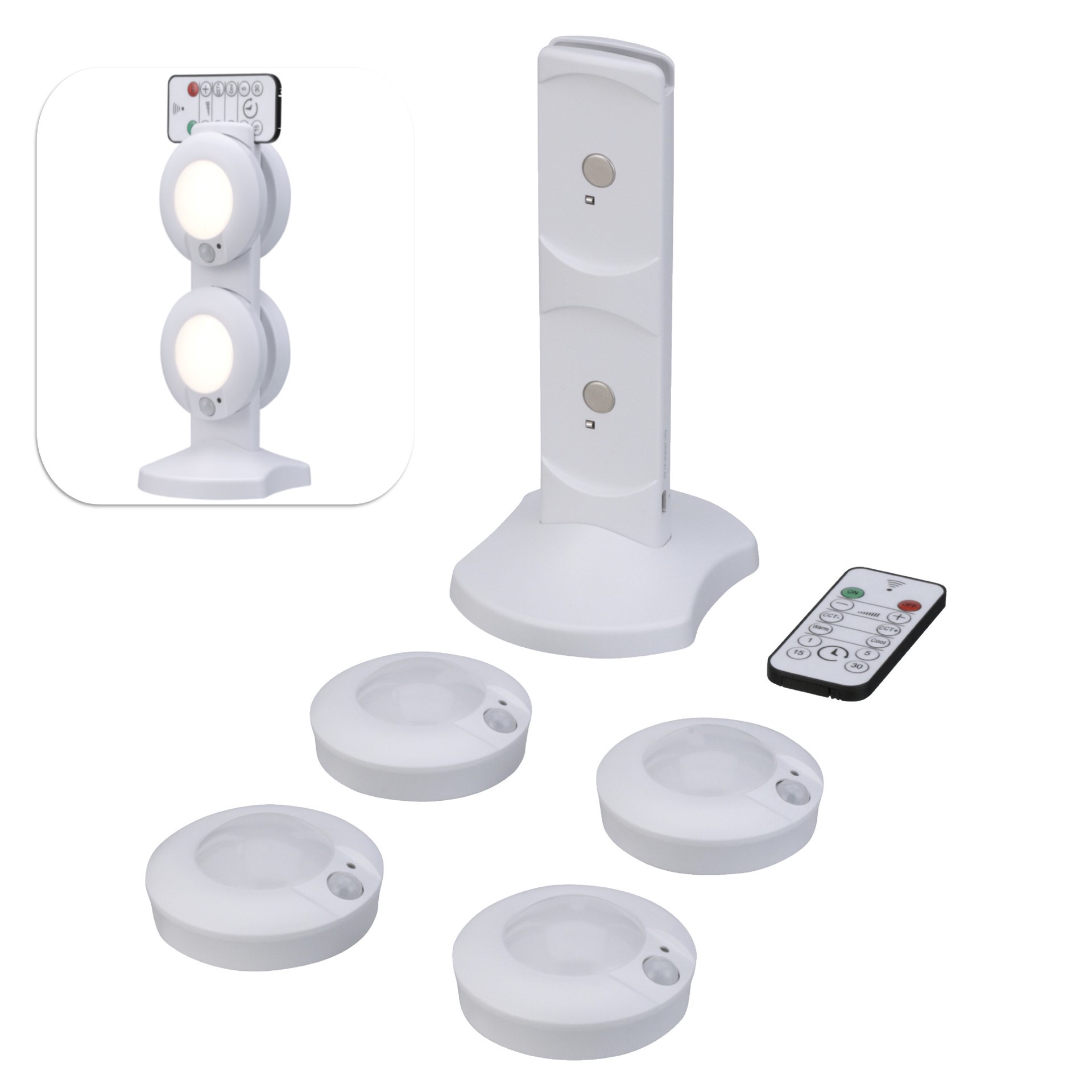 slide 1 of 6, Utilitech 4 -Pack 3-in Rechargeable USB plug-in LED Under Cabinet Puck Light Motion Sensing Light with Remote, 1 ct