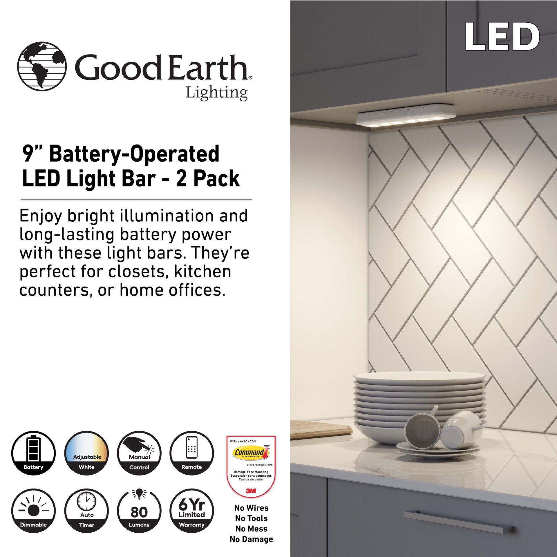 slide 4 of 6, Good Earth Lighting 2 -Pack 9.5-in Battery LED Under Cabinet Light Bar with Remote, 1 ct