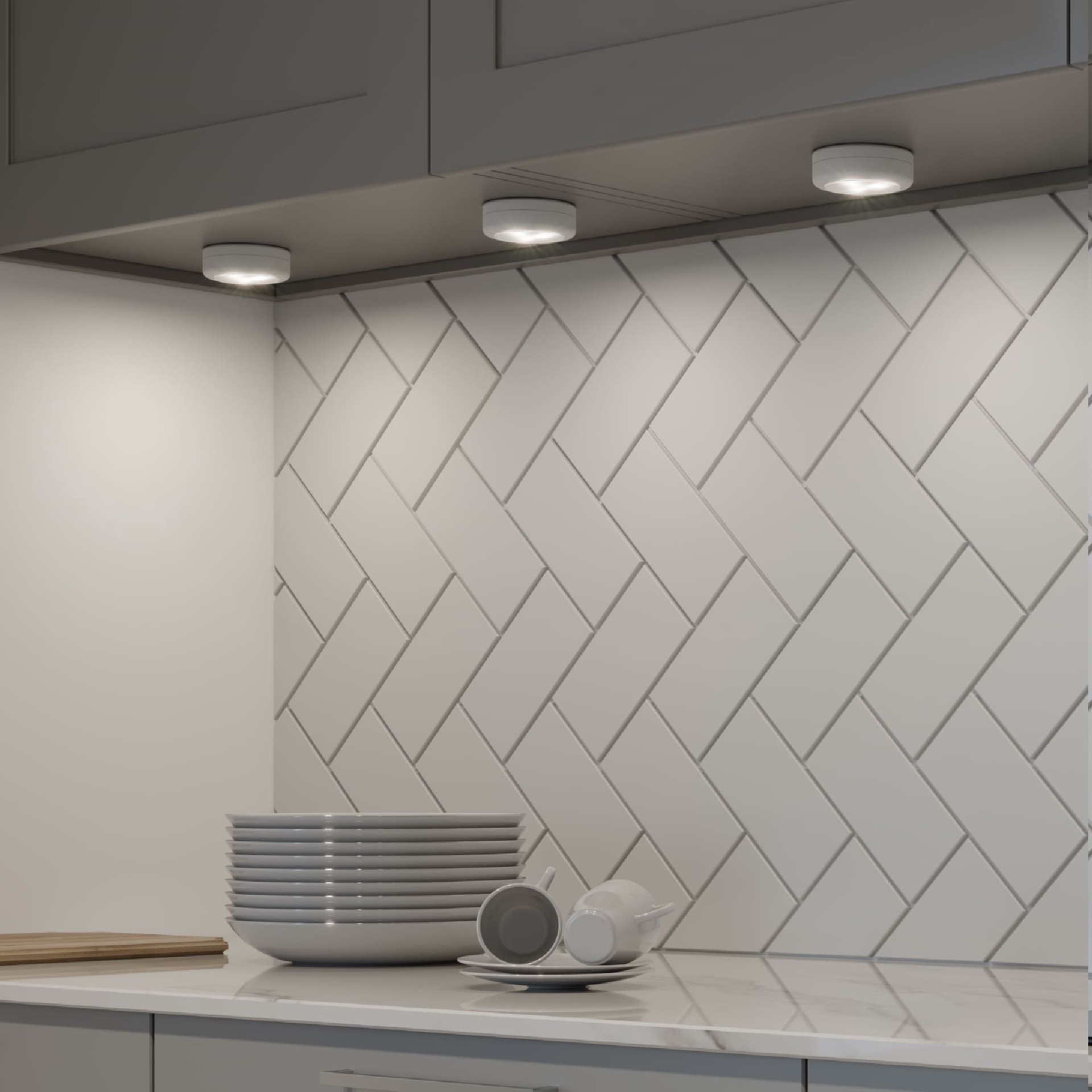 slide 2 of 6, Good Earth Lighting 3 -Pack 3-in Battery LED Under Cabinet Puck Light with Remote, 1 ct