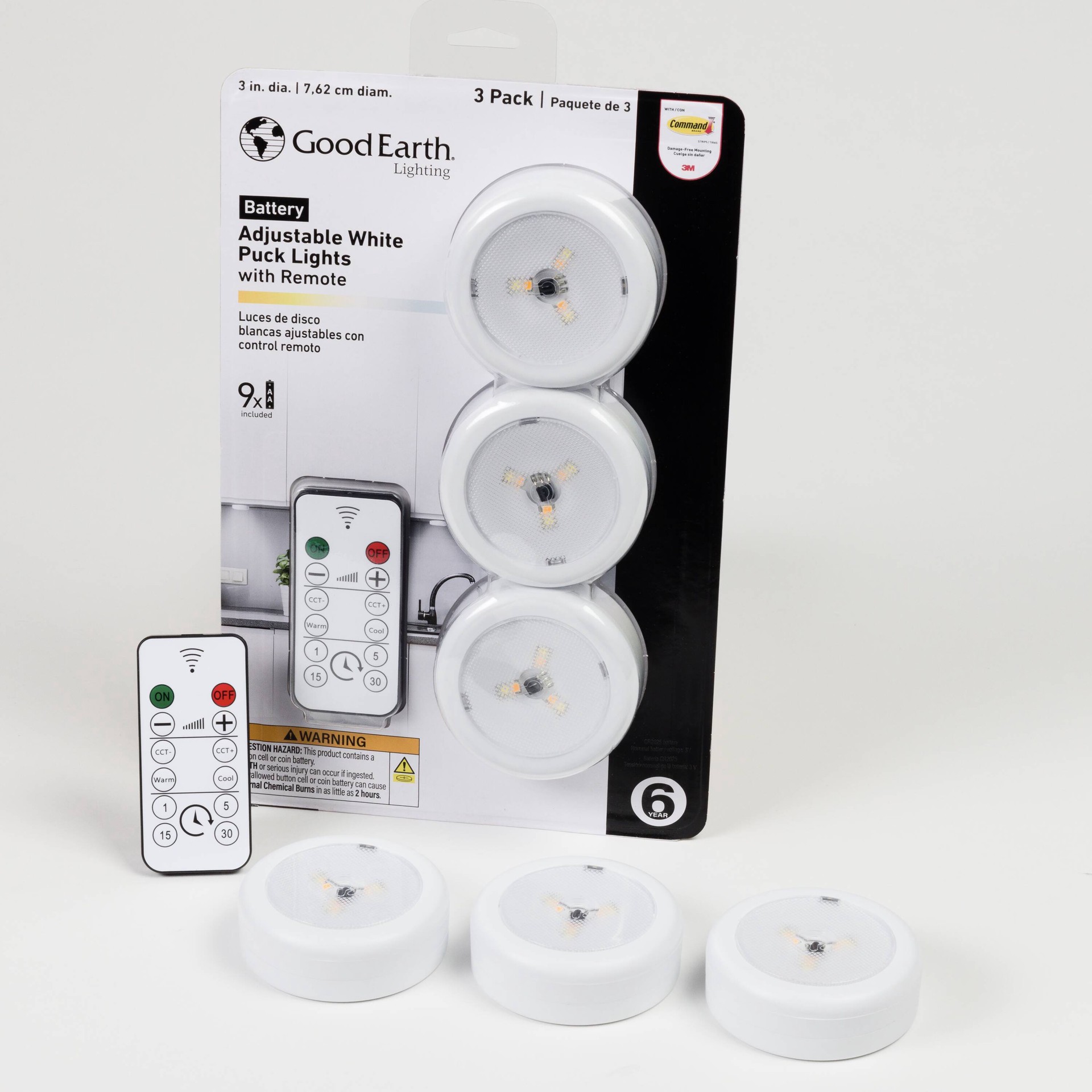 slide 3 of 6, Good Earth Lighting 3 -Pack 3-in Battery LED Under Cabinet Puck Light with Remote, 1 ct