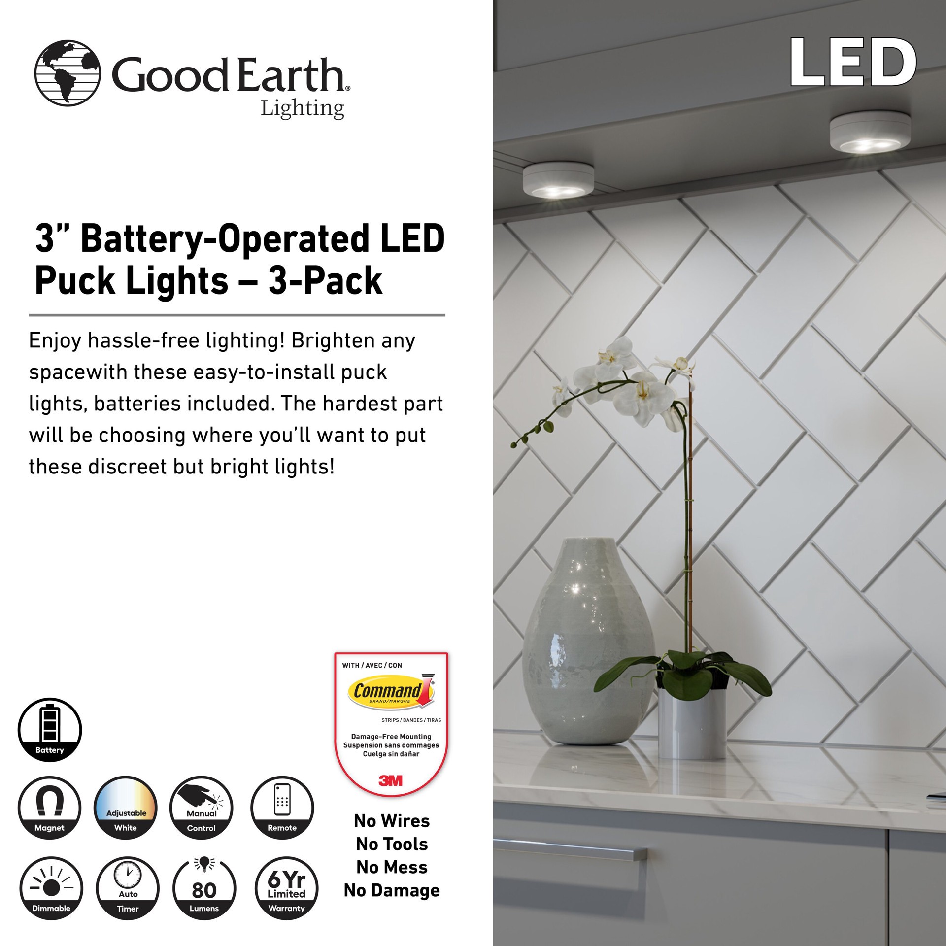 slide 4 of 6, Good Earth Lighting 3 -Pack 3-in Battery LED Under Cabinet Puck Light with Remote, 1 ct