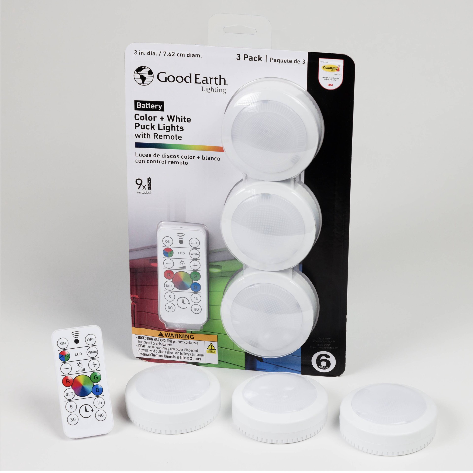 slide 3 of 6, Good Earth Lighting 3 -Pack 3-in Battery LED Under Cabinet Puck Light with Remote, 1 ct