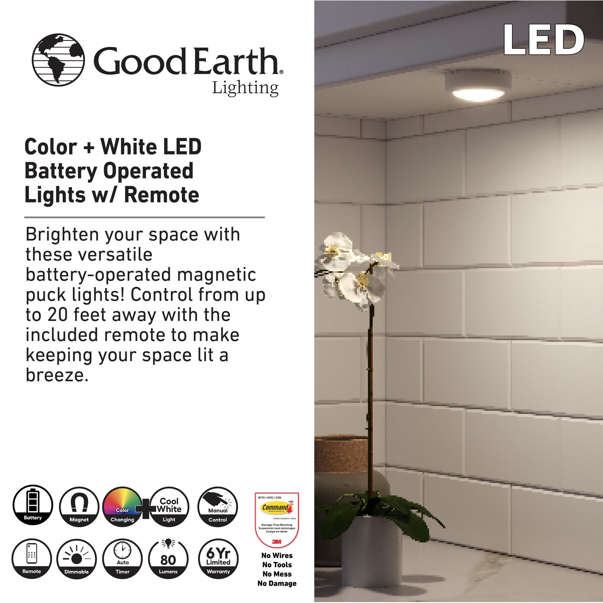 slide 4 of 6, Good Earth Lighting 3 -Pack 3-in Battery LED Under Cabinet Puck Light with Remote, 1 ct