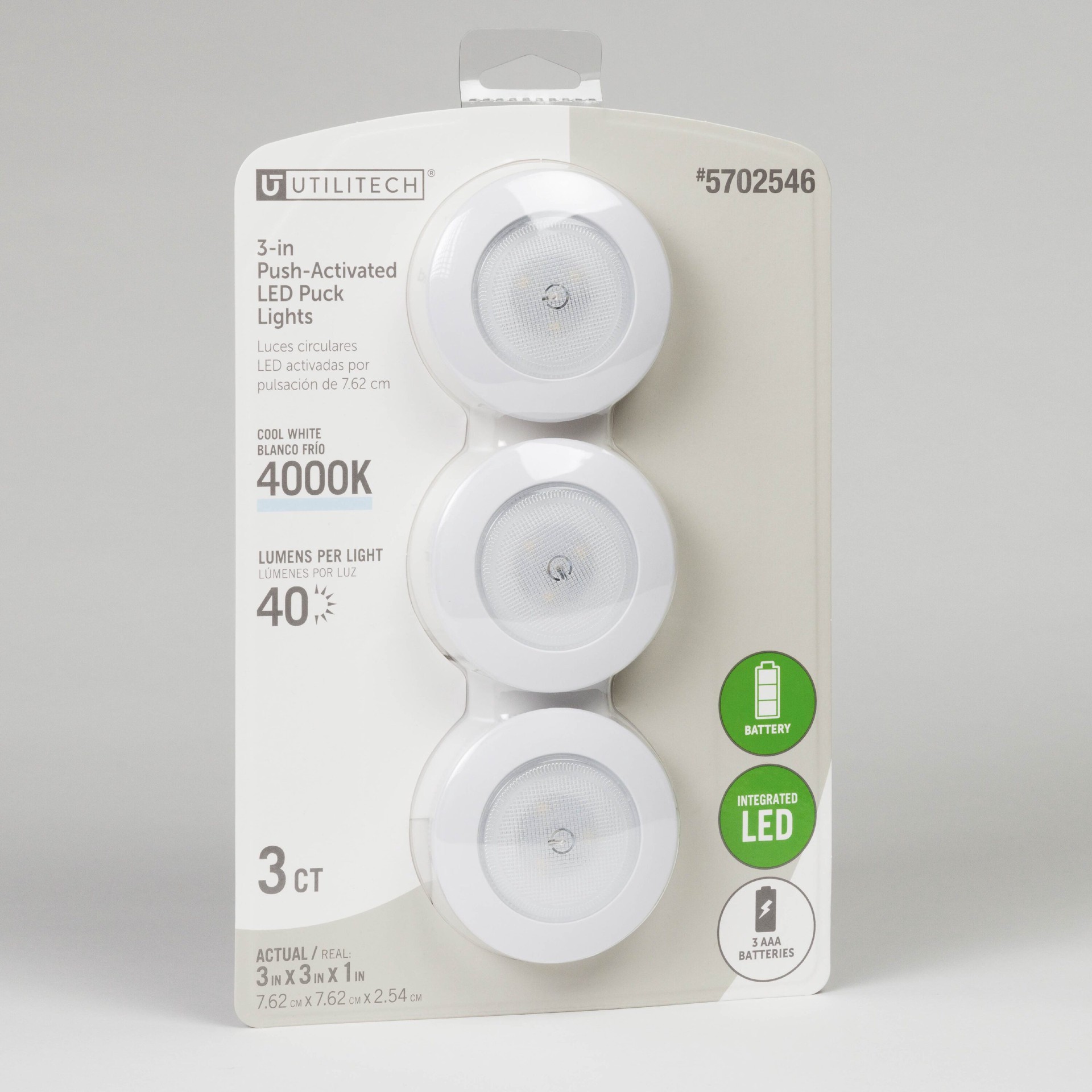 slide 3 of 6, Utilitech 3 -Pack 3-in Battery LED Under Cabinet Puck Light, 1 ct