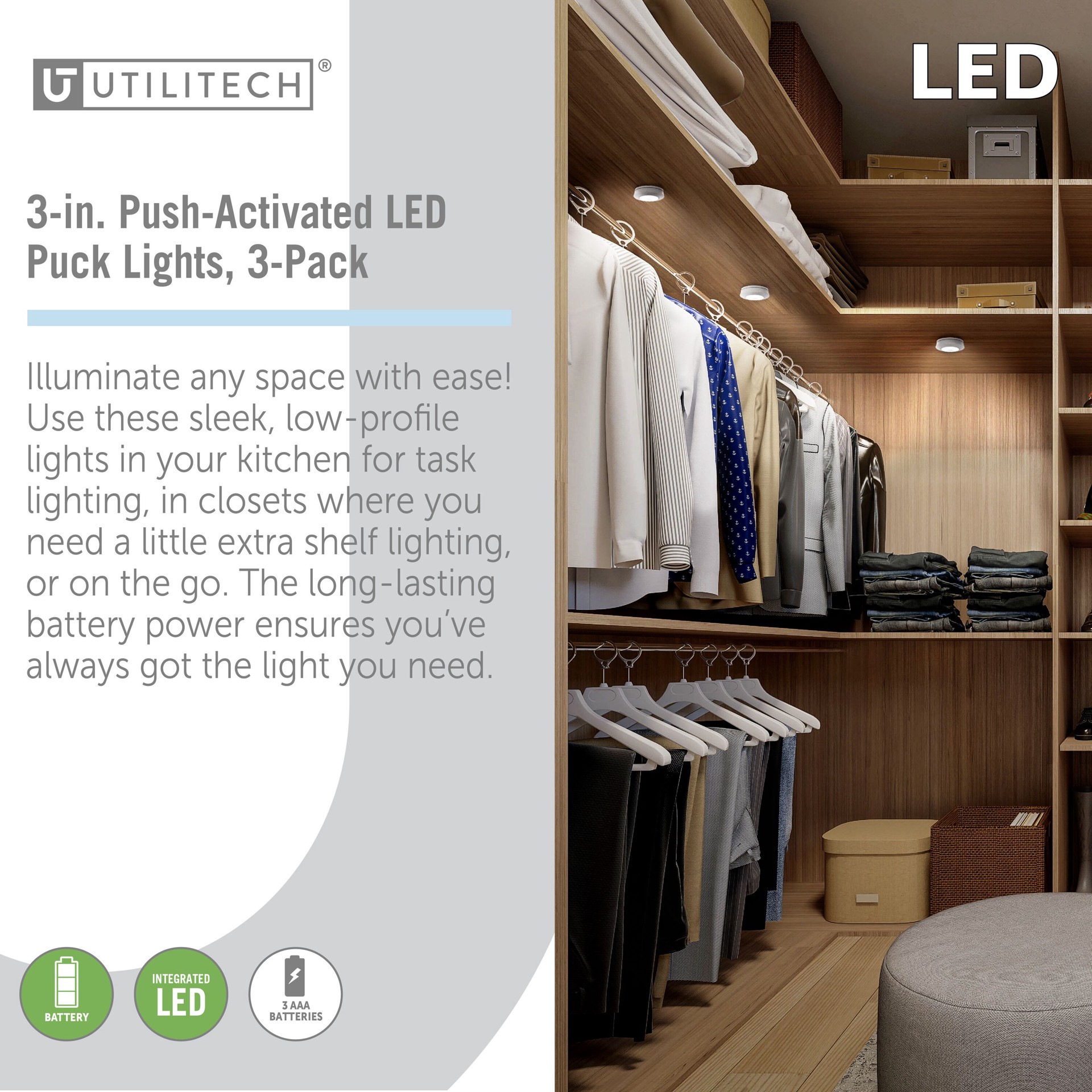 slide 4 of 6, Utilitech 3 -Pack 3-in Battery LED Under Cabinet Puck Light, 1 ct