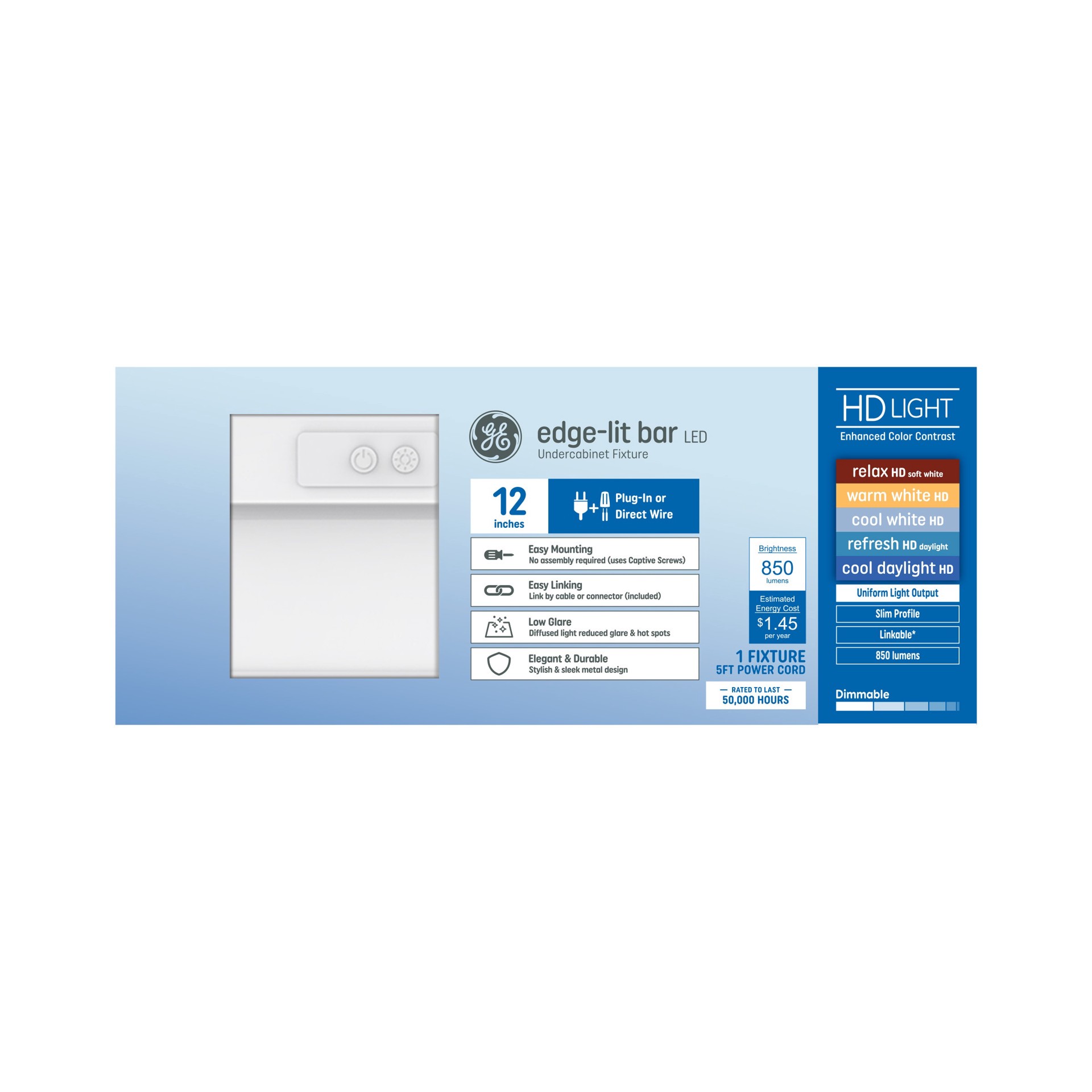 slide 1 of 6, GE HD Edge-Lit Undercabinet Hardwired/Plug-In 12-in Hardwired/Plug-in LED Under Cabinet Light Bar, 1 ct