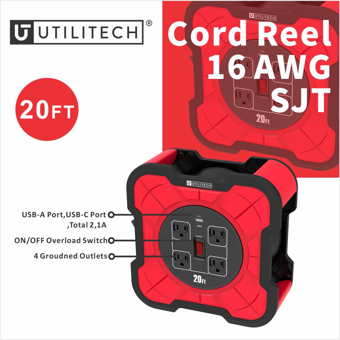 slide 6 of 6, Utilitech 4-outlet Cord Reel 2-usb 20-ft. 16/3 Stj Extension Cord, 1 ct