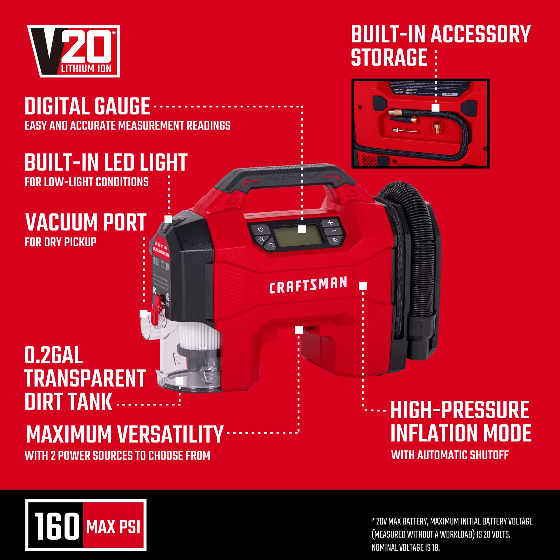 slide 2 of 6, CRAFTSMAN Craftsman Cordless Inflator 20-volt Li-ion Air Inflator (Power Source: Battery/Car/Electric ), 1 ct