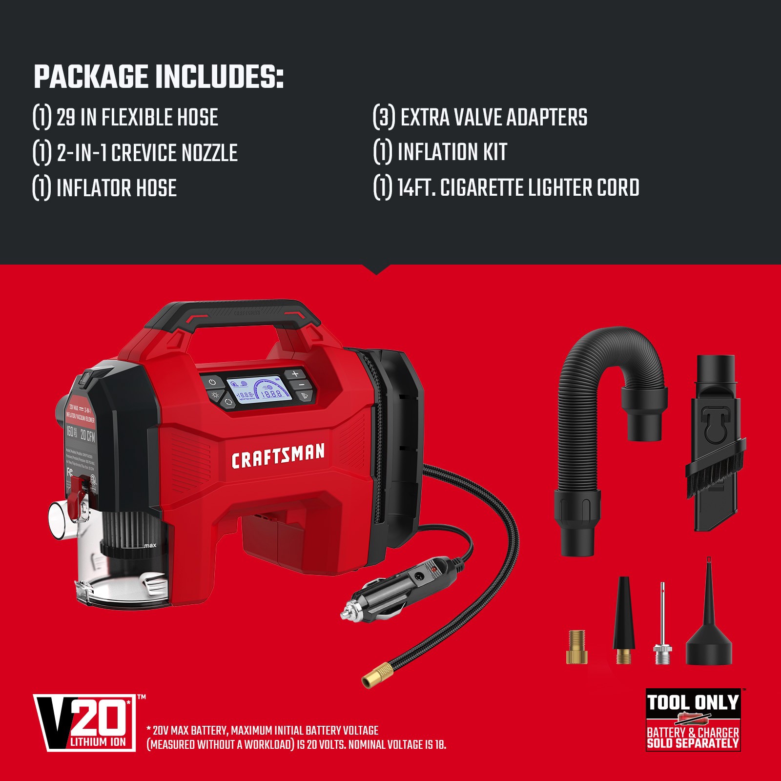 slide 3 of 6, CRAFTSMAN Craftsman Cordless Inflator 20-volt Li-ion Air Inflator (Power Source: Battery/Car/Electric ), 1 ct
