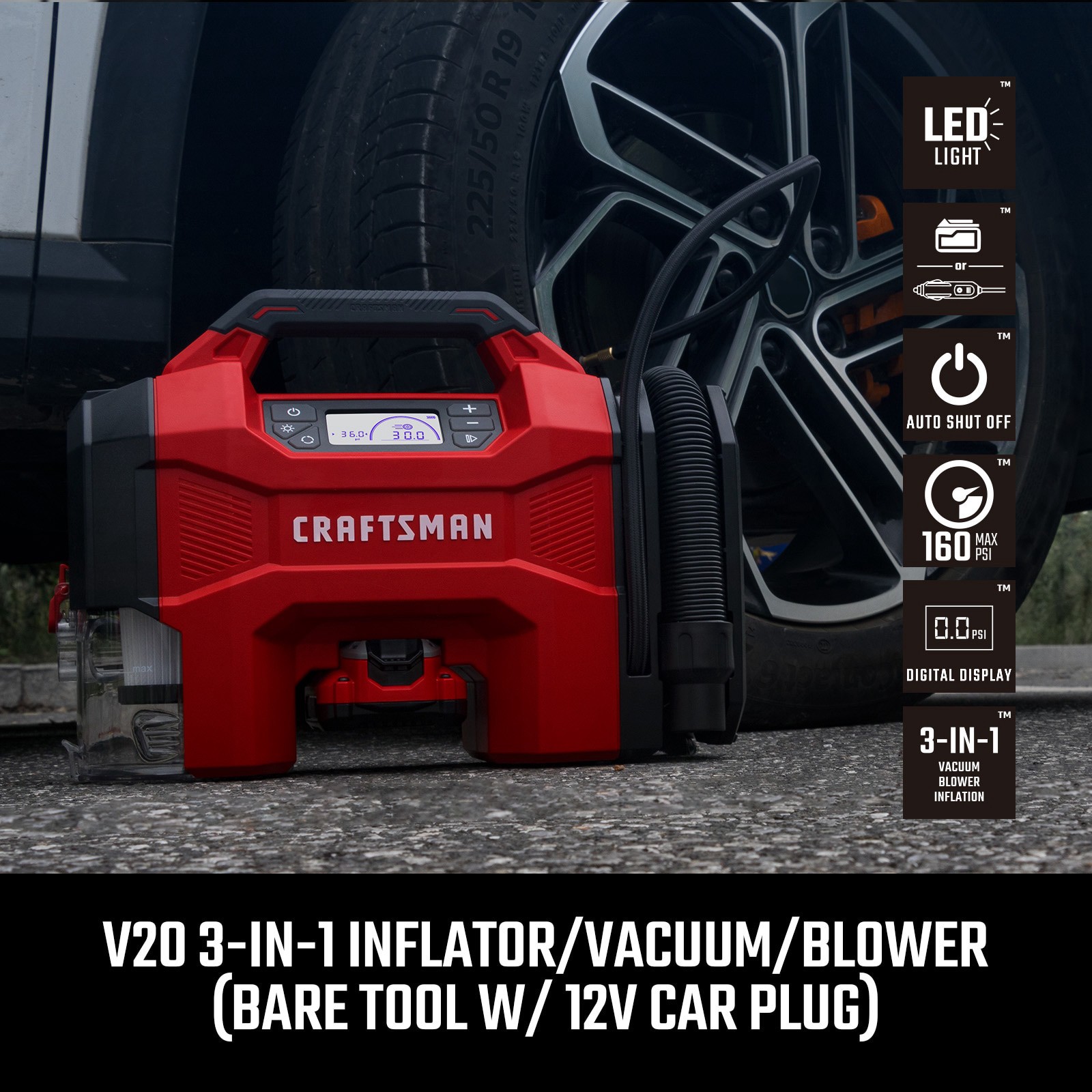 slide 4 of 6, CRAFTSMAN Craftsman Cordless Inflator 20-volt Li-ion Air Inflator (Power Source: Battery/Car/Electric ), 1 ct