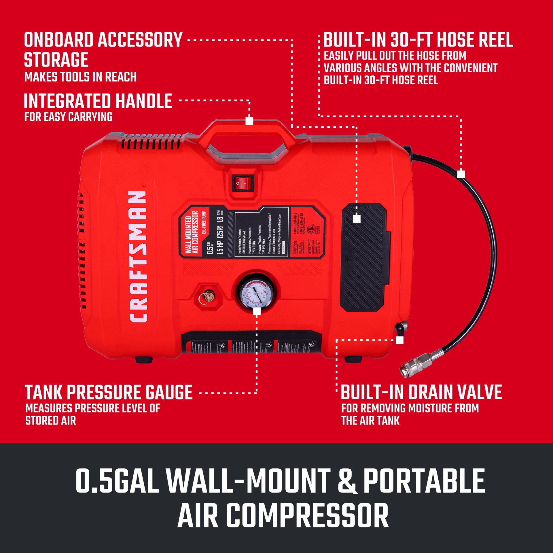 slide 3 of 6, CRAFTSMAN Wall- Mount Built-In Hose Reel 0.5-Gallon Portable Electric 125 PSI Vertical Air Compressor, 1 ct