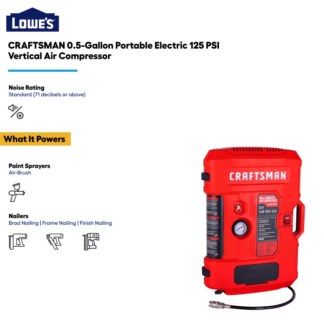 slide 2 of 6, CRAFTSMAN Wall- Mount Built-In Hose Reel 0.5-Gallon Portable Electric 125 PSI Vertical Air Compressor, 1 ct