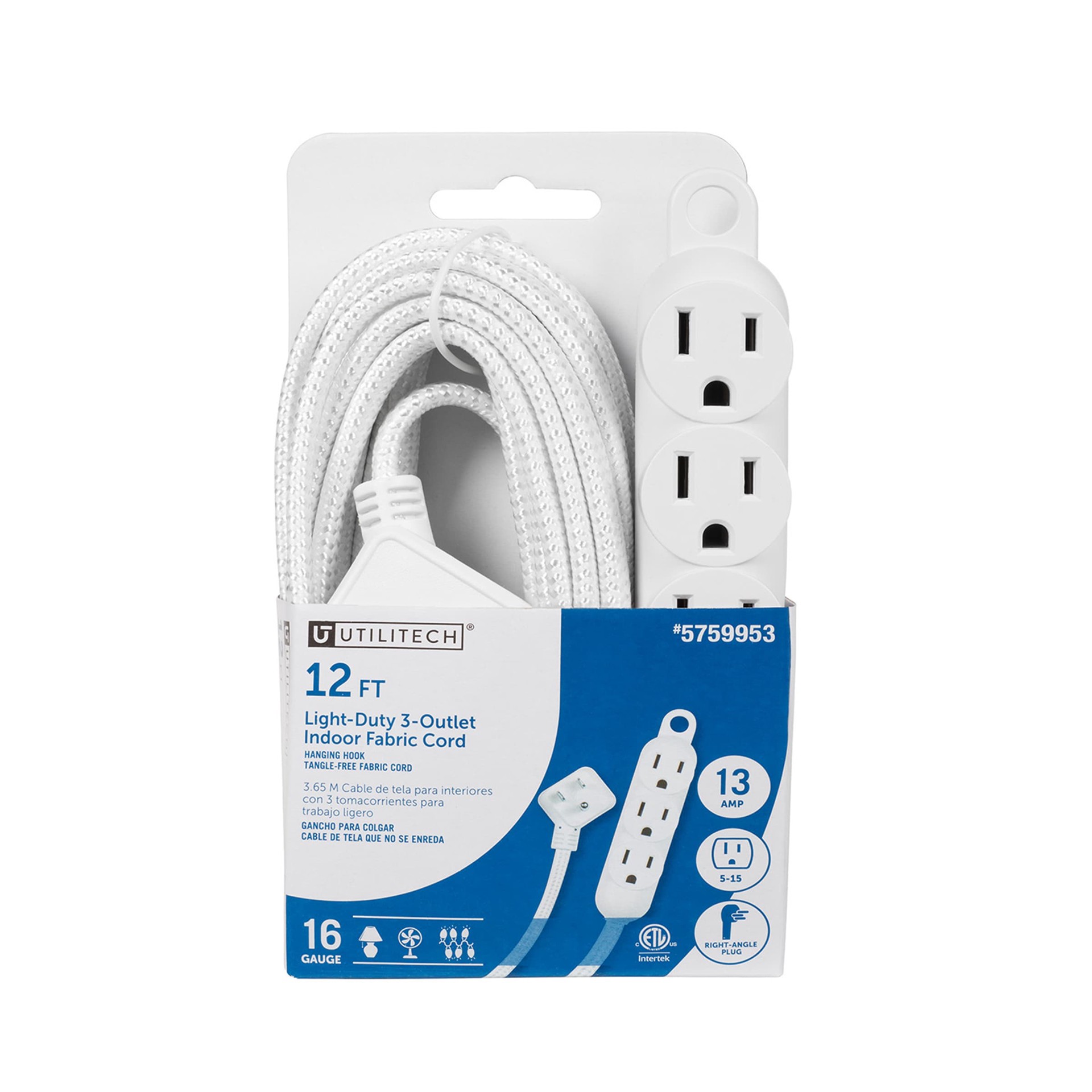 slide 1 of 6, Utilitech 12-ft 16 / 3 Light Duty 1 Prong White Indoor Extension Power Cord, 1 ct