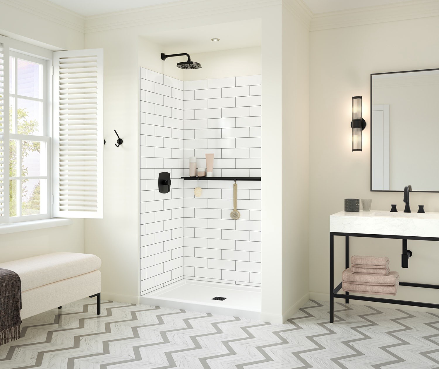 slide 4 of 6, DreamLine Luna Matte Black Stainless steel Wall mount Bathroom Shelf ( 45-in x 1.375-in x 3-in ), 1 ct