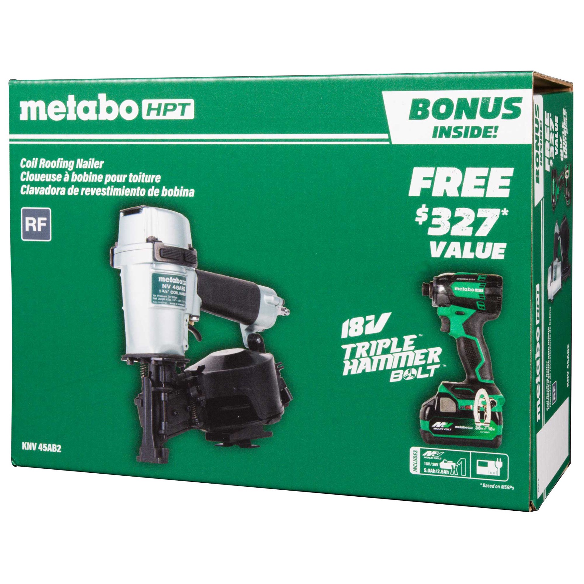 slide 2 of 6, Metabo HPT BONUS 18V Triple Hammer Bolt Impact Driver and 1-3/4-in 15 -Degree Pneumatic Coil Roofing Nailer ( Charger Included ), 1 ct