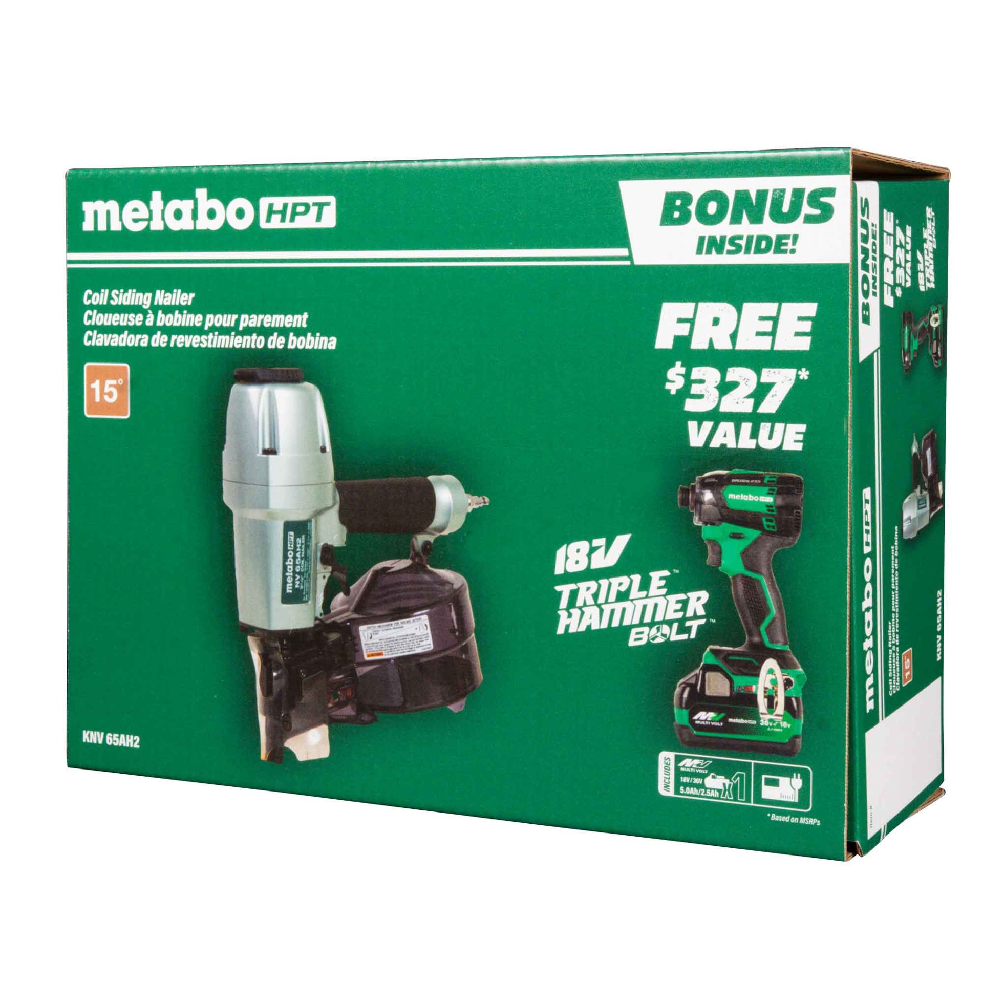 slide 2 of 6, Metabo HPT BONUS 18V Triple Hammer Bolt Impact Driver and 2-1/2-in 15 -Degree Pneumatic Siding Nailer, 1 ct