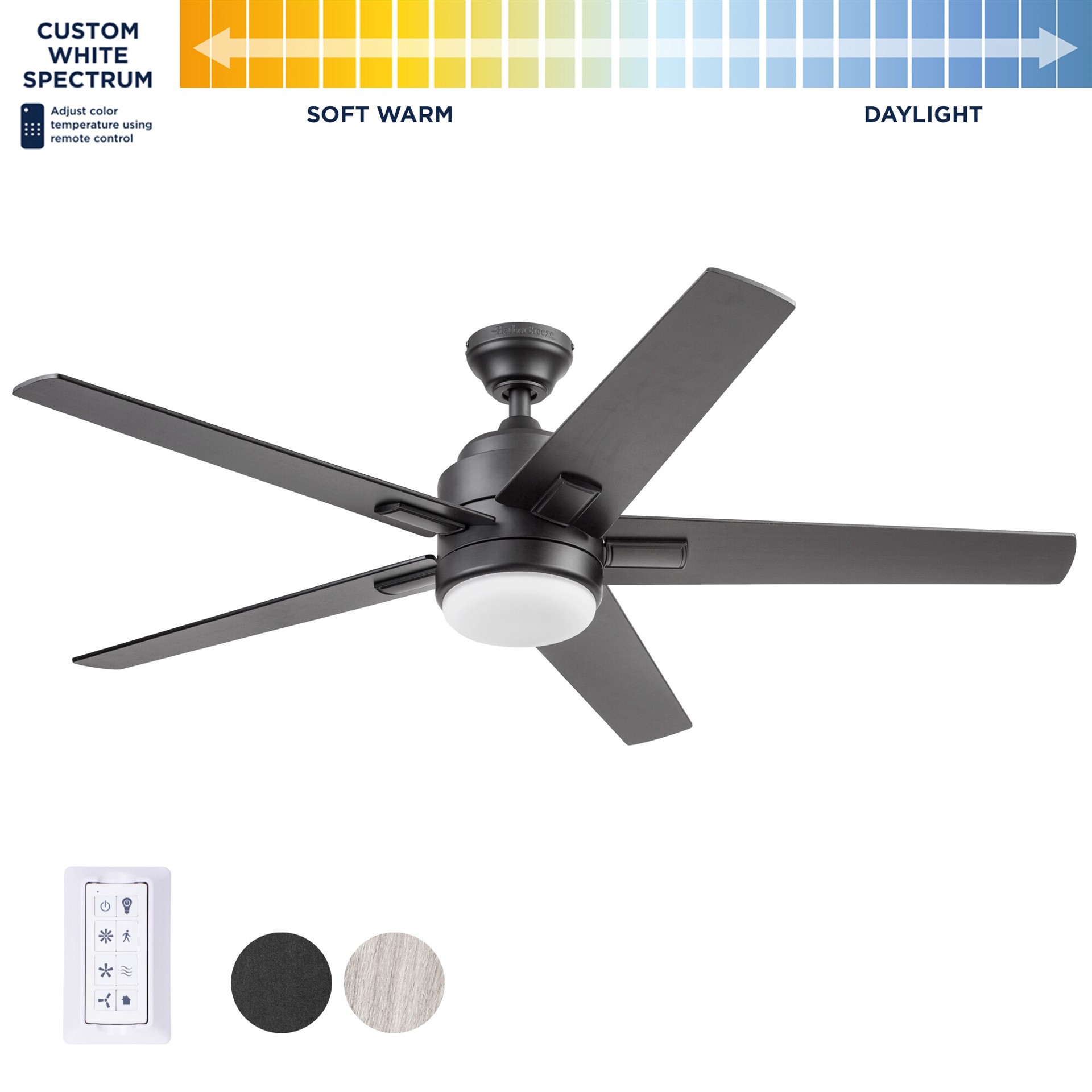 slide 3 of 6, Harbor Breeze Flanagan II 52-in Color-Changing Matte Black with Black/Driftwood Blades Ceiling Fan With Light - Remote Included ( 5 -Blade ), 1 ct