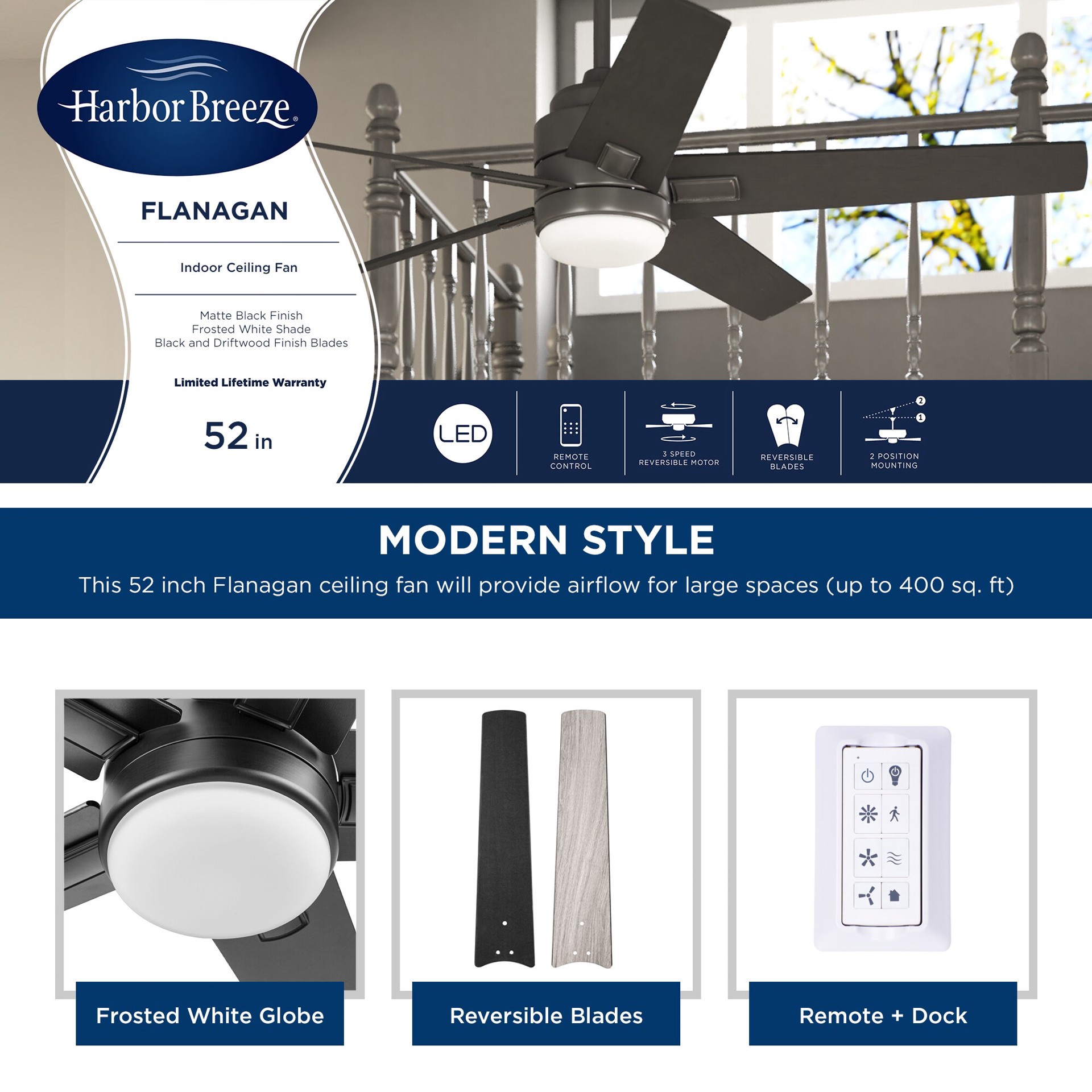 slide 4 of 6, Harbor Breeze Flanagan II 52-in Color-Changing Matte Black with Black/Driftwood Blades Ceiling Fan With Light - Remote Included ( 5 -Blade ), 1 ct