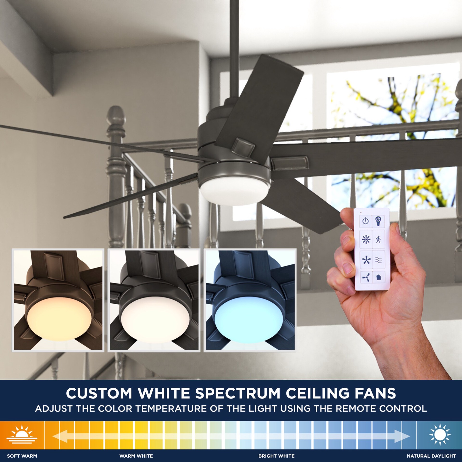 slide 5 of 6, Harbor Breeze Flanagan II 52-in Color-Changing Matte Black with Black/Driftwood Blades Ceiling Fan With Light - Remote Included ( 5 -Blade ), 1 ct